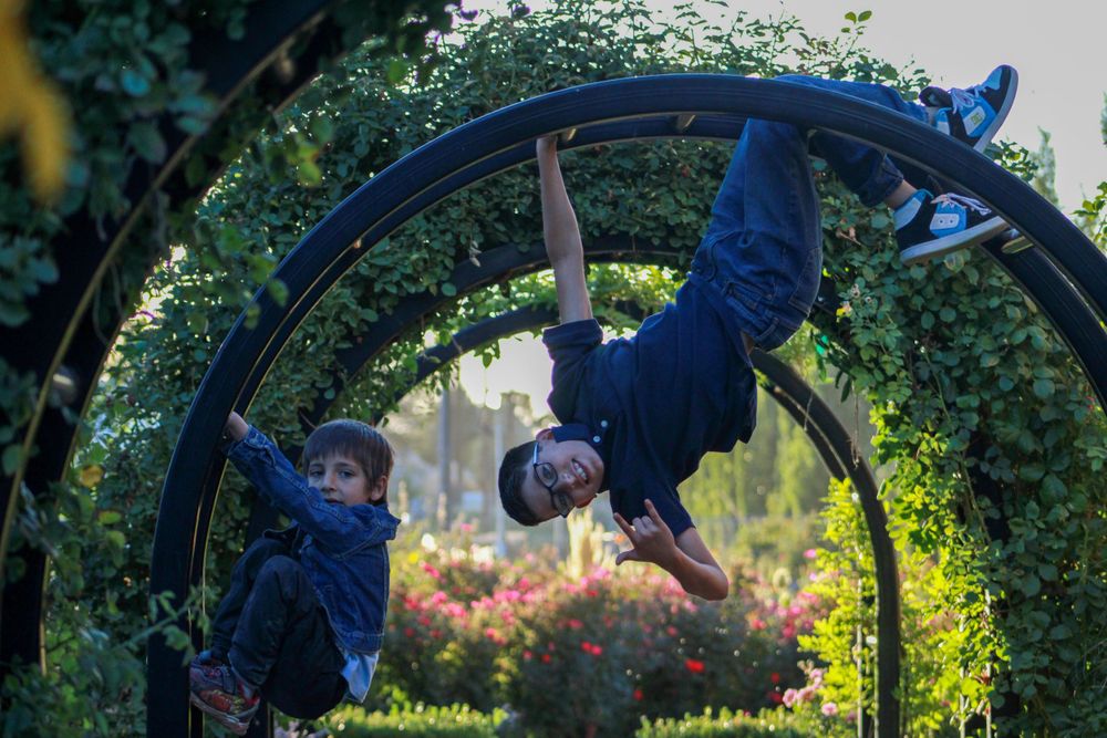 Two children playing acrobatically on a garden arch surrounded by lush greenery.
