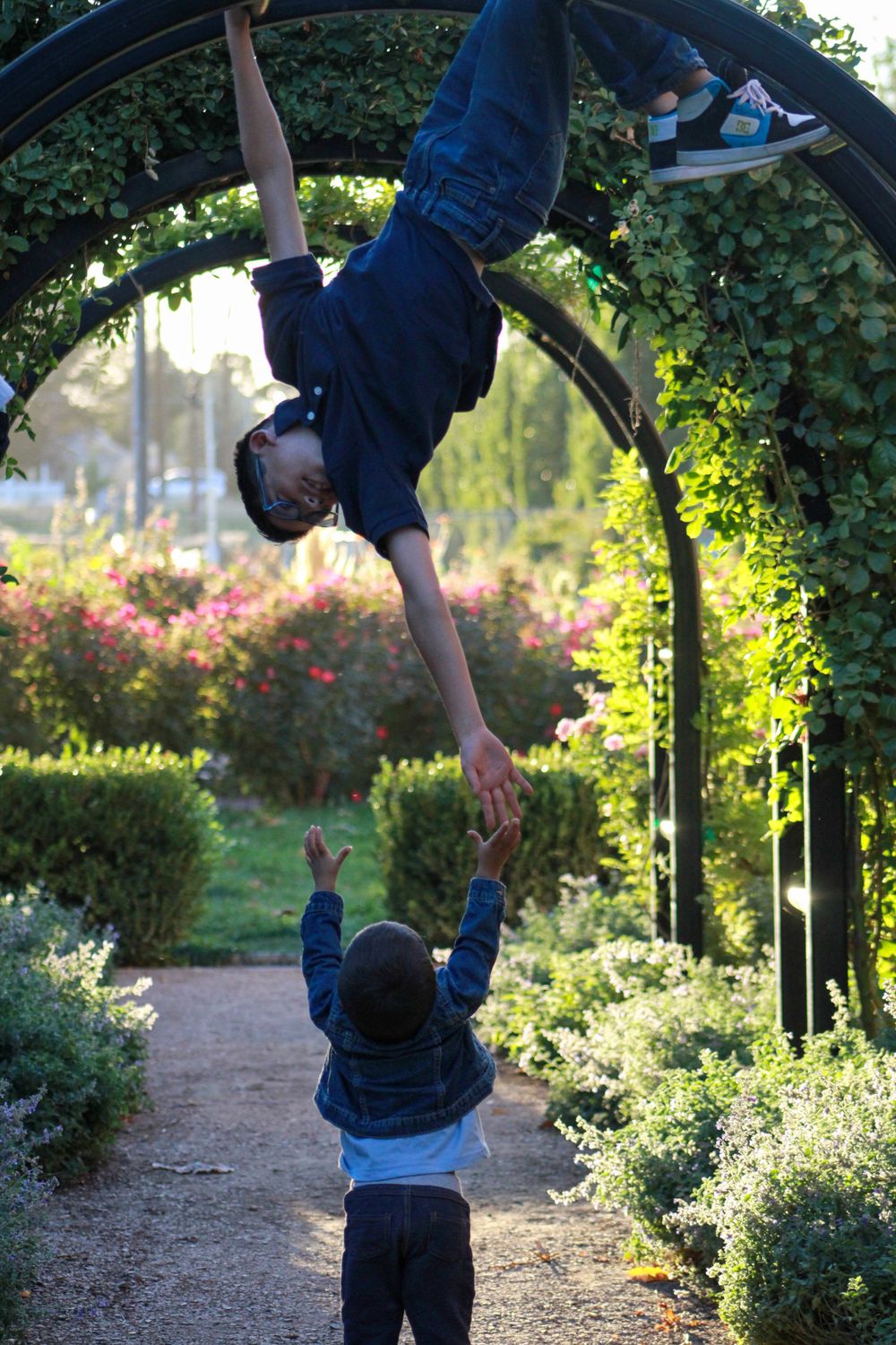 Children playing on a garden arch with one hanging upside down while another reaches up from below.