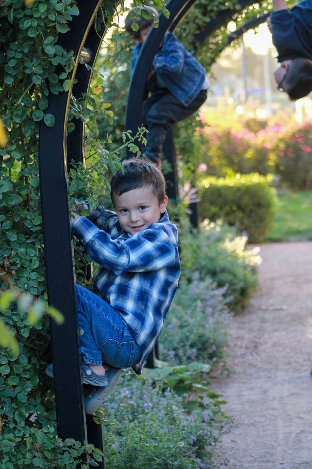 Child in plaid shirt climbing on black metal garden arch surrounded by foliage.