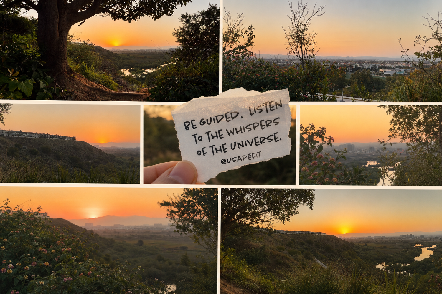 Collage of golden sunset views over rolling hills with a handwritten note reading Be Guided Listen to the Whispers of the Universe.