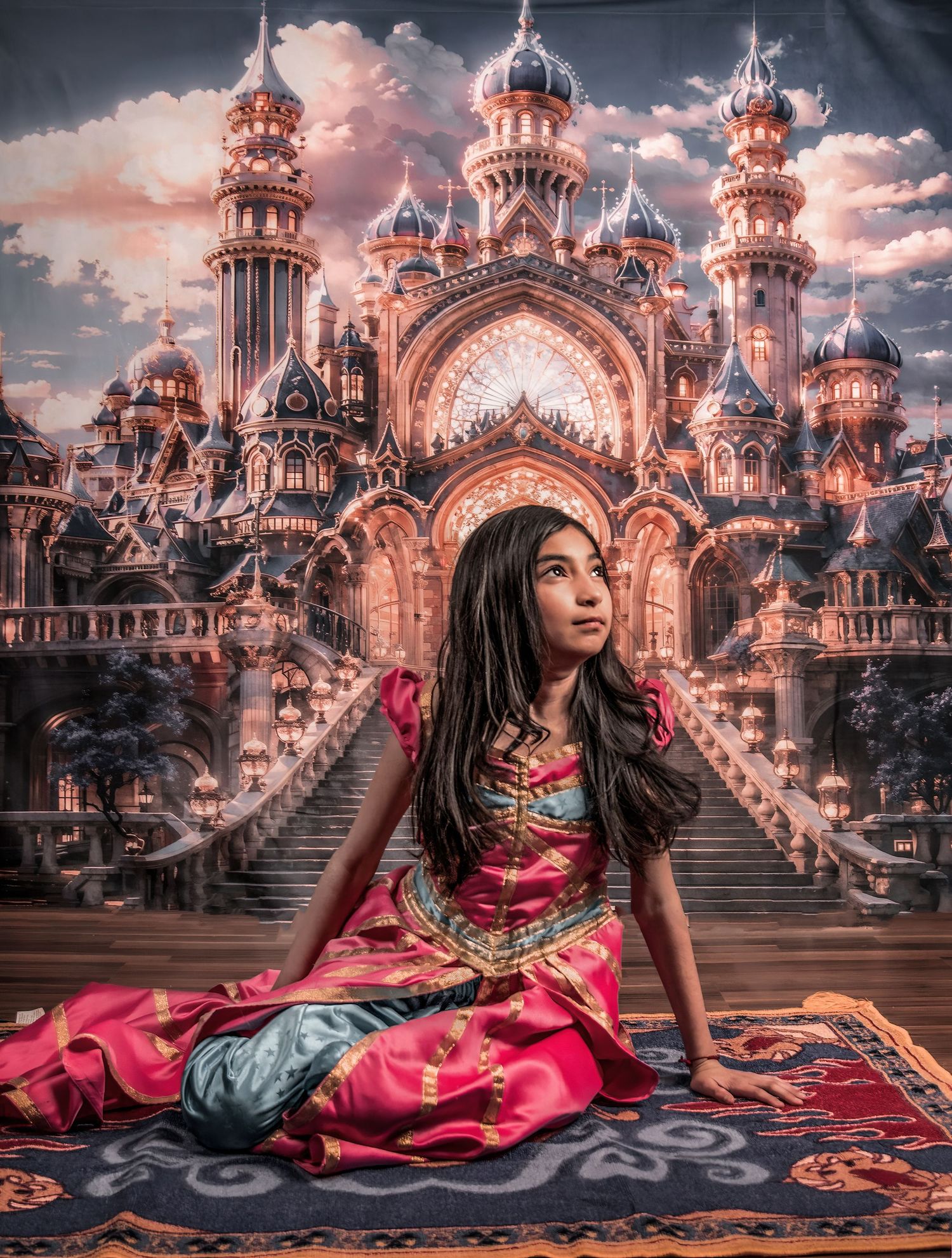 Young girl in Cinderella blue ball gown poses before enchanted pumpkin carriage backdrop.