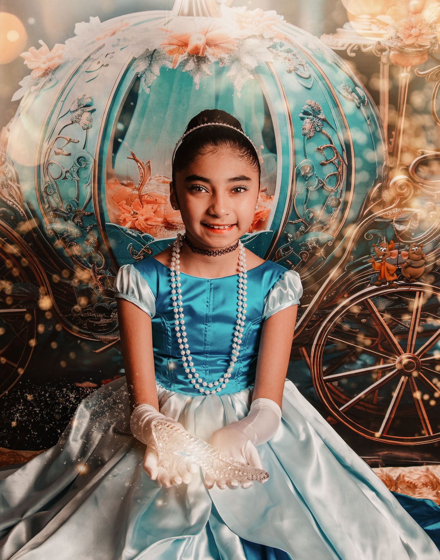 Young girl dressed as Cinderella in blue gown with pearl necklace, posing before a magical pumpkin carriage backdrop.