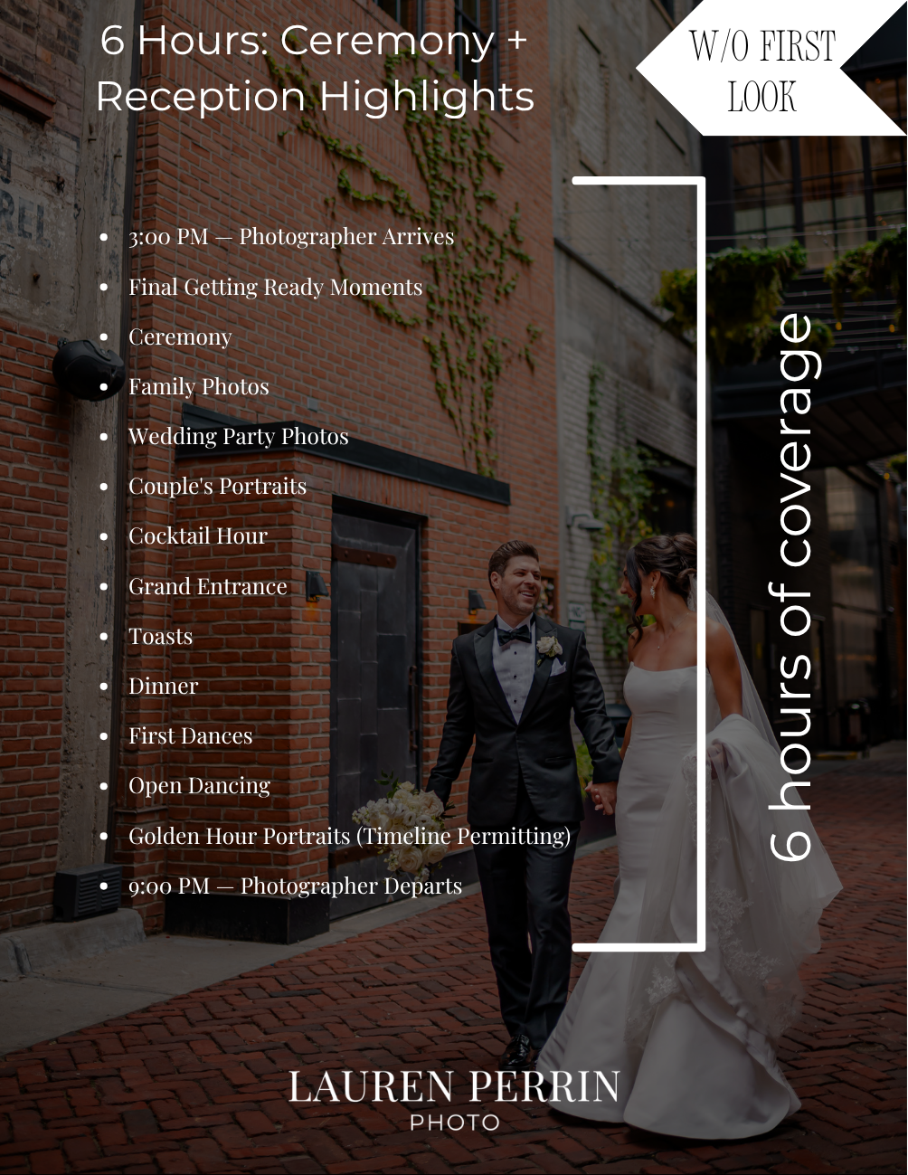 Wedding photographer Lauren Perrin's 6-hour ceremony and reception highlights package guide showing timeline and couple portrait.