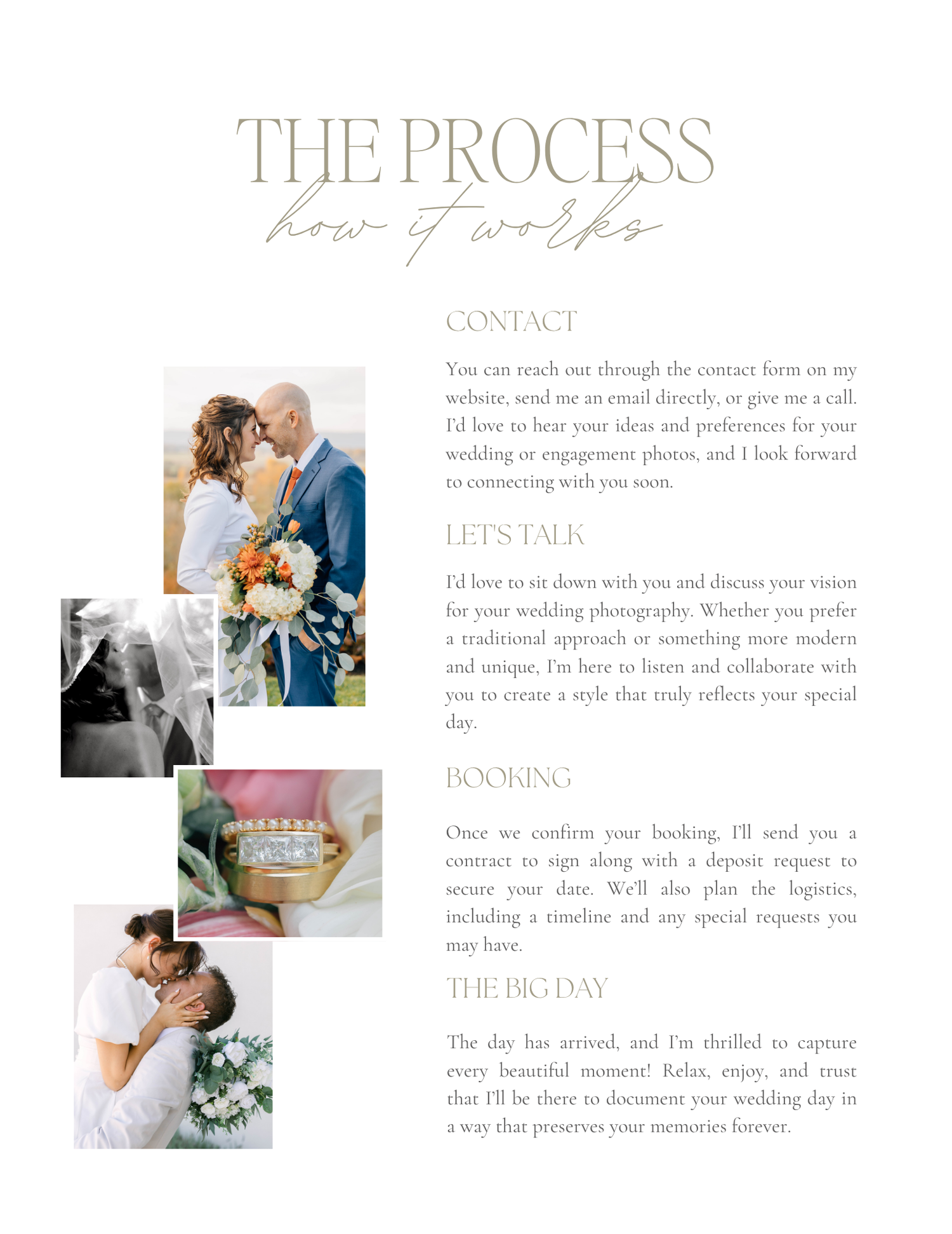 Wedding photography process guide showing couple portraits, floral details, and romantic moments with elegant white layout.