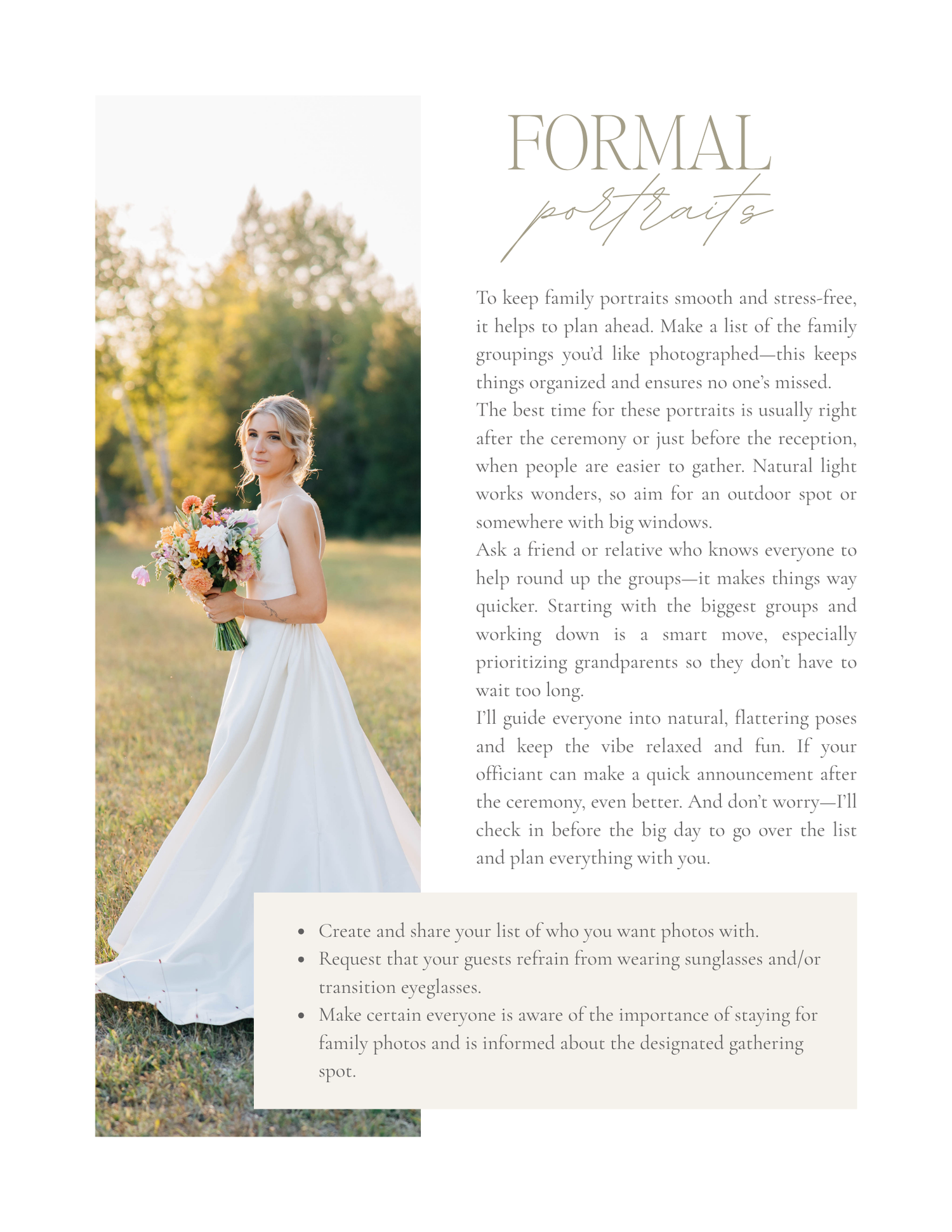 A bride in a white gown holds a colorful bouquet beside formal portrait photography tips for stress-free family photos.