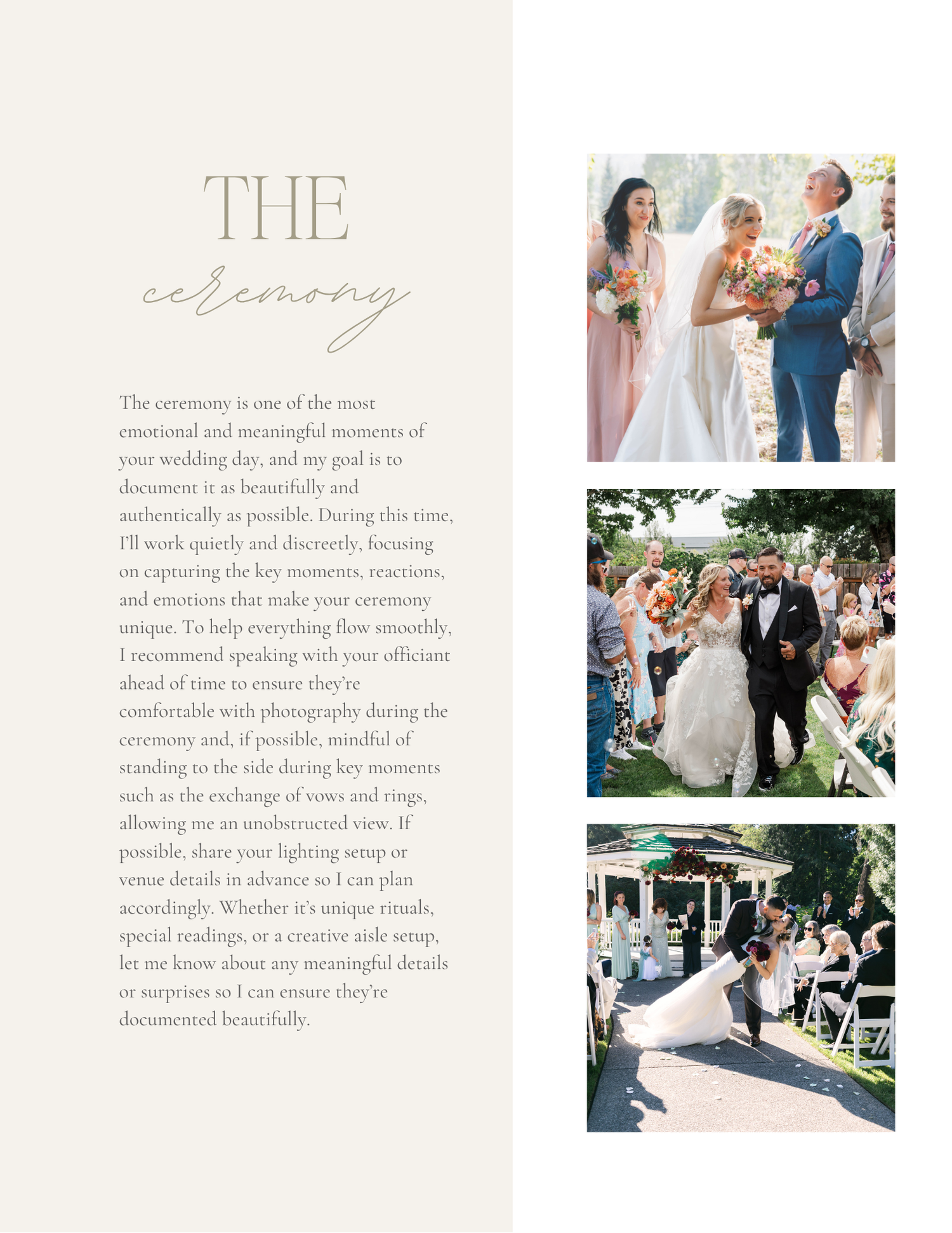 Elegant wedding ceremony guide page featuring a bride with bouquet and outdoor ceremony with guests seated in white chairs.