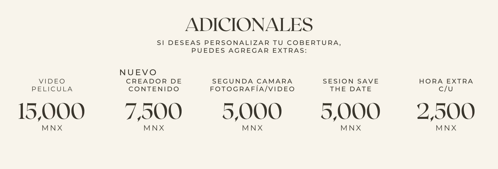 Pricing chart showing additional wedding photography package options ranging from 2,500 to 15,000.