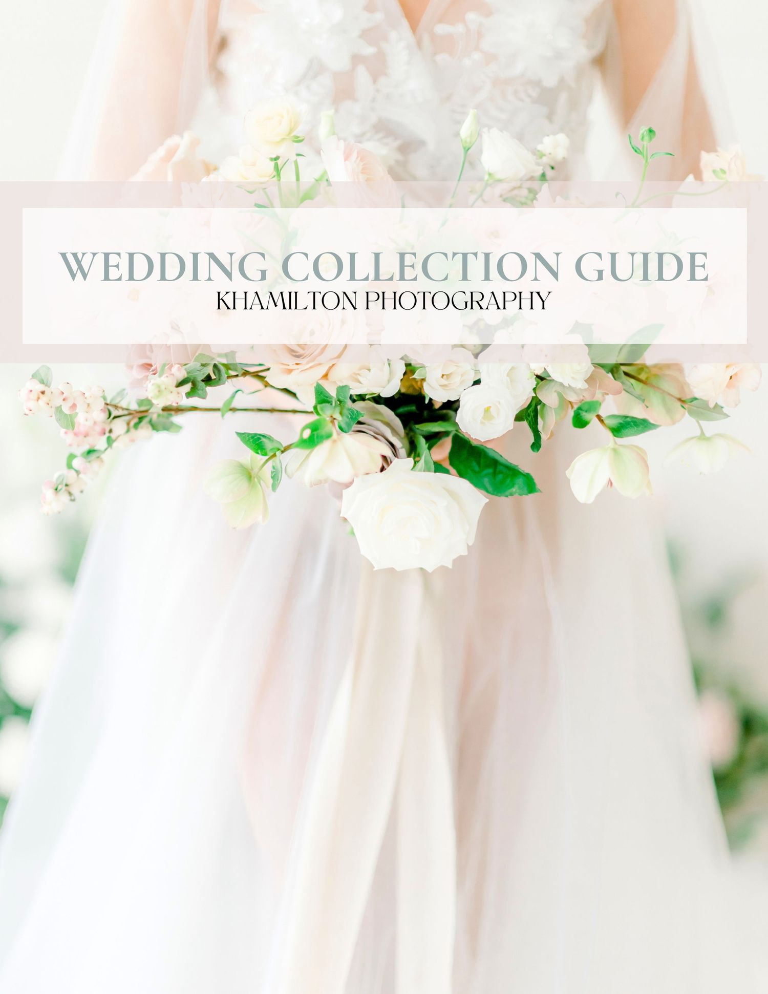 Bride holding a lush bouquet of white and pink flowers in a flowing wedding gown, Wedding Collection Guide by Khamilton Photography.
