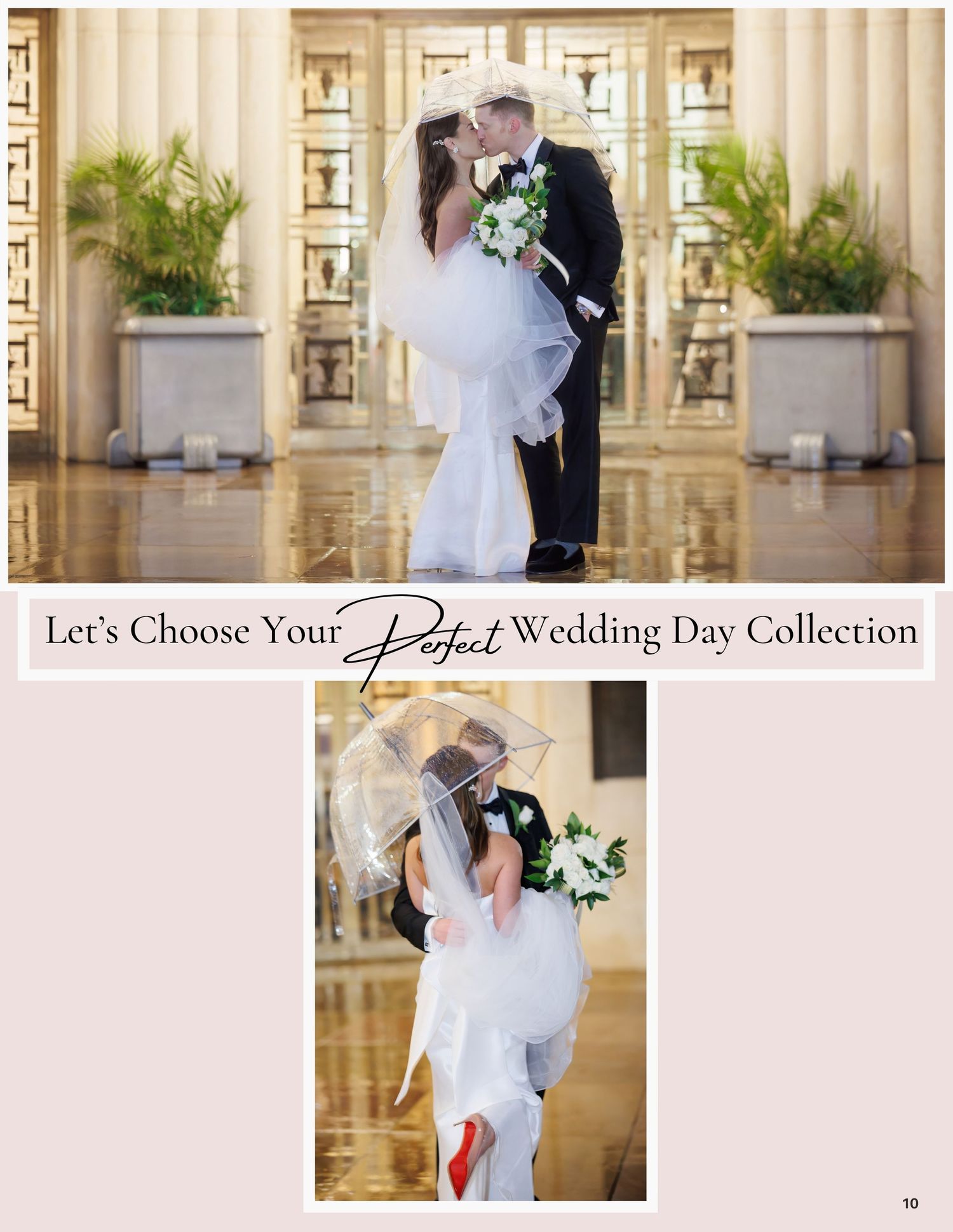 Bride and groom share a romantic kiss in an elegant venue, with a second photo showing the couple dancing under a clear umbrella.