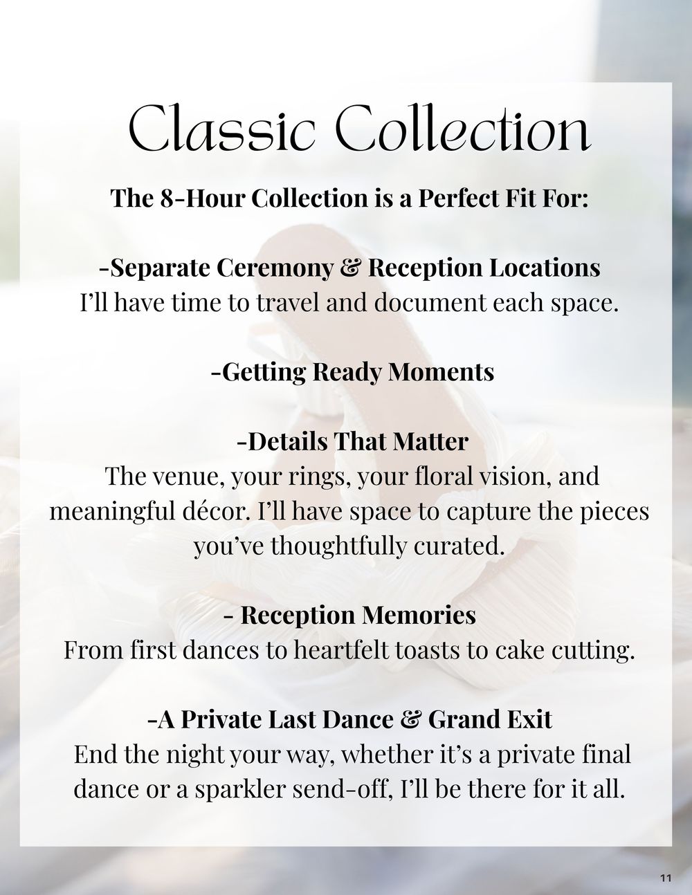 Classic 8-hour wedding photography collection details listing ceremony, reception, getting ready moments, and grand exit coverage.