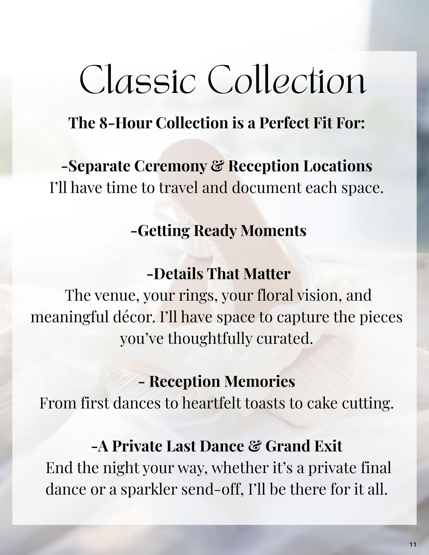Classic 8-hour wedding photography collection details listing ceremony, reception, getting ready moments, and grand exit coverage.