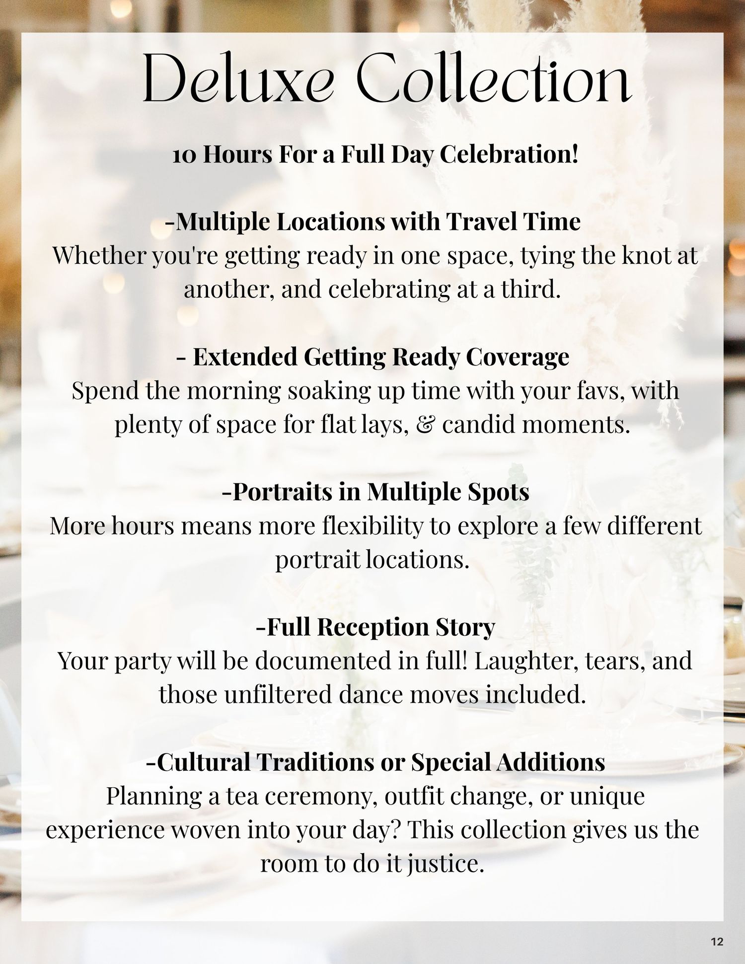 Deluxe wedding photography collection package details listing 10-hour full day celebration services and coverage options.