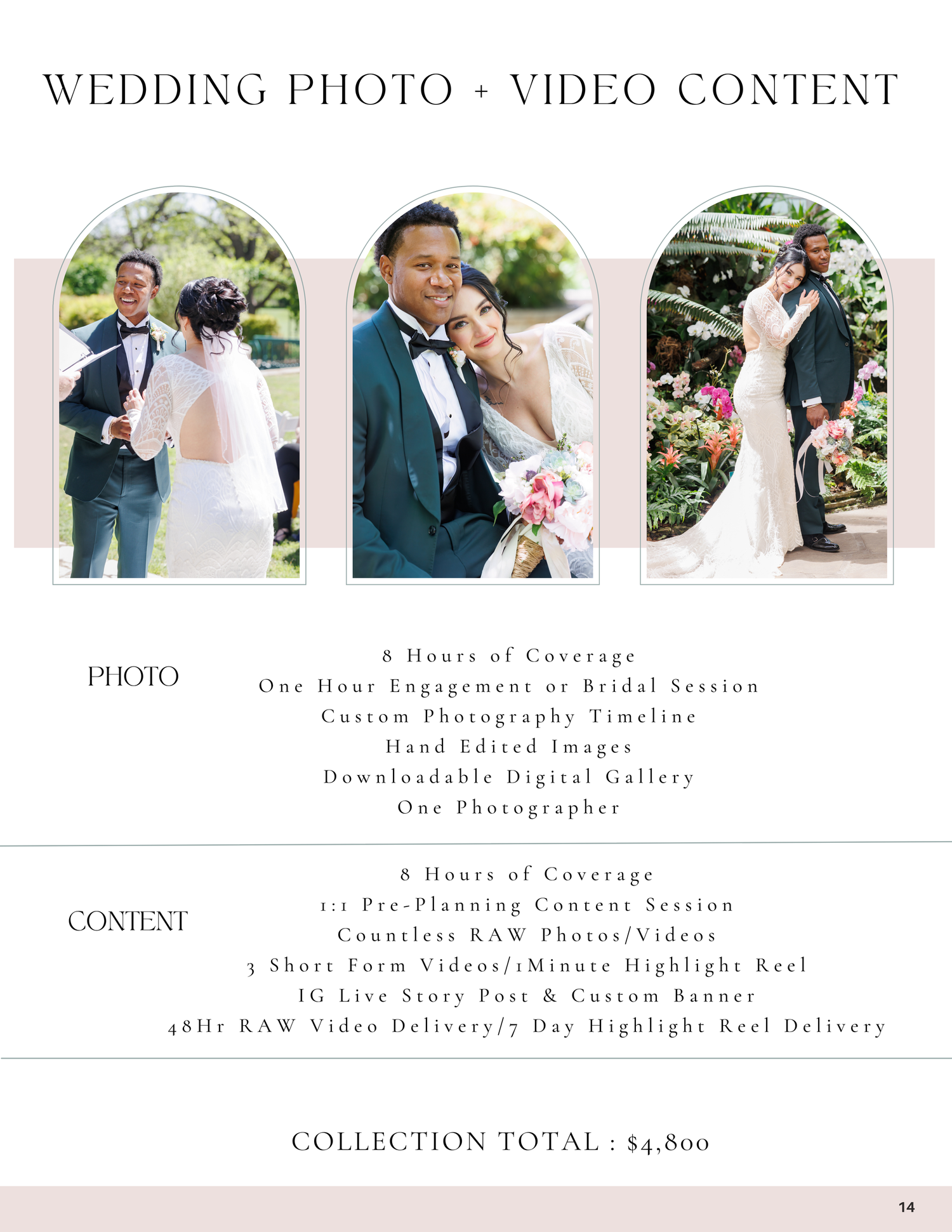 Three wedding photos showing couples in romantic outdoor settings, part of a wedding photo and video content package priced at $4,800.
