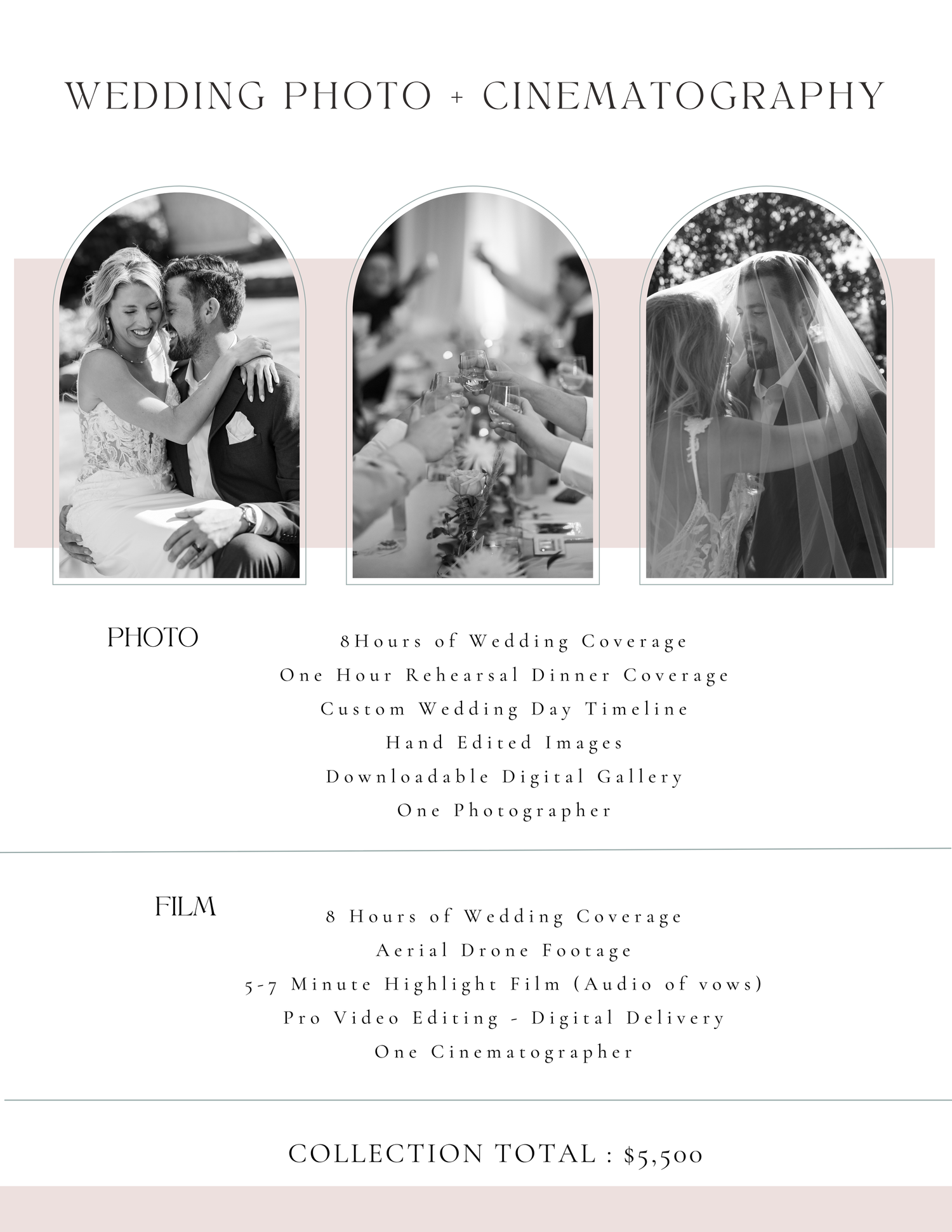Black and white wedding photography and cinematography package promotional flyer featuring romantic couple portraits.