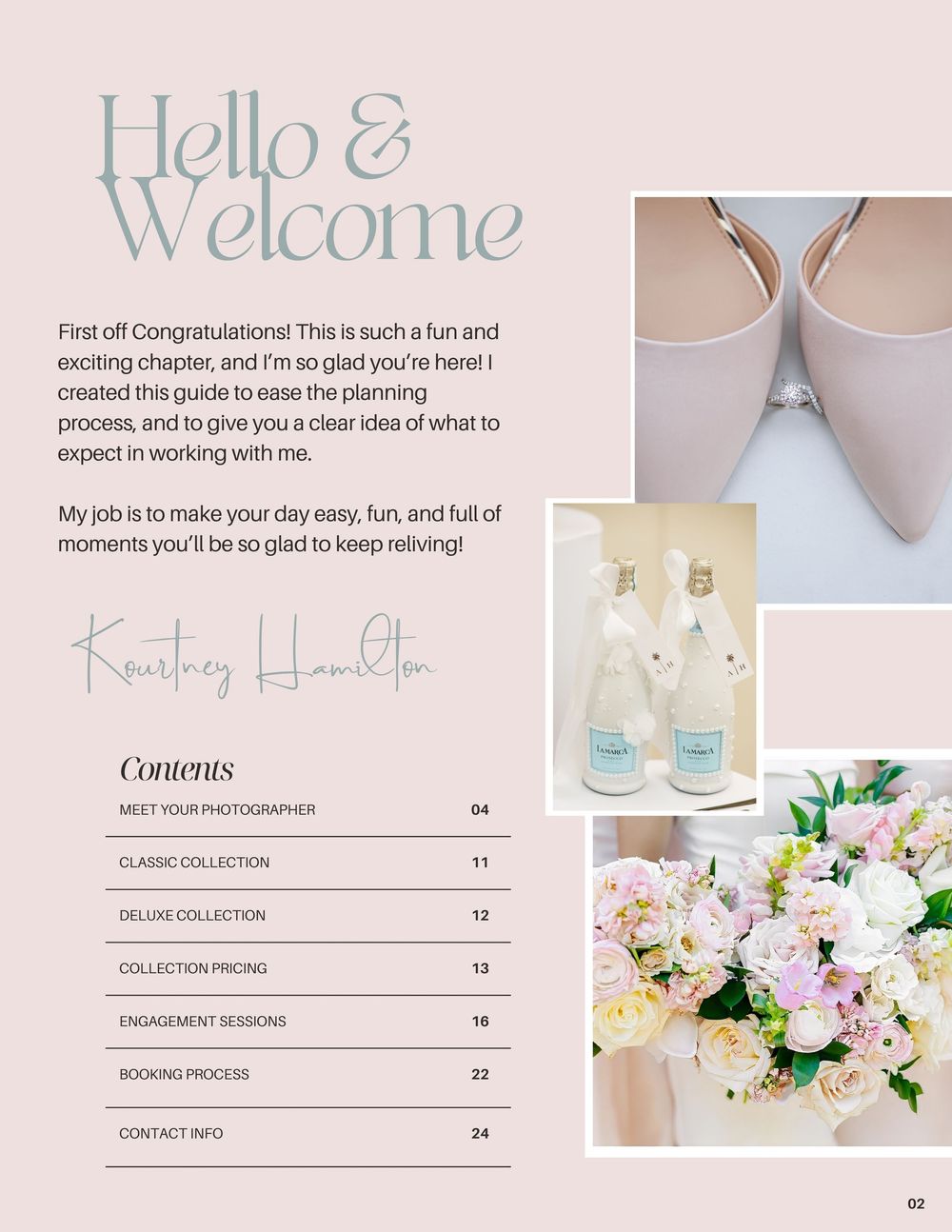 Elegant wedding photography guide cover featuring blush heels, floral bouquet, and champagne bottles on a soft pink background.