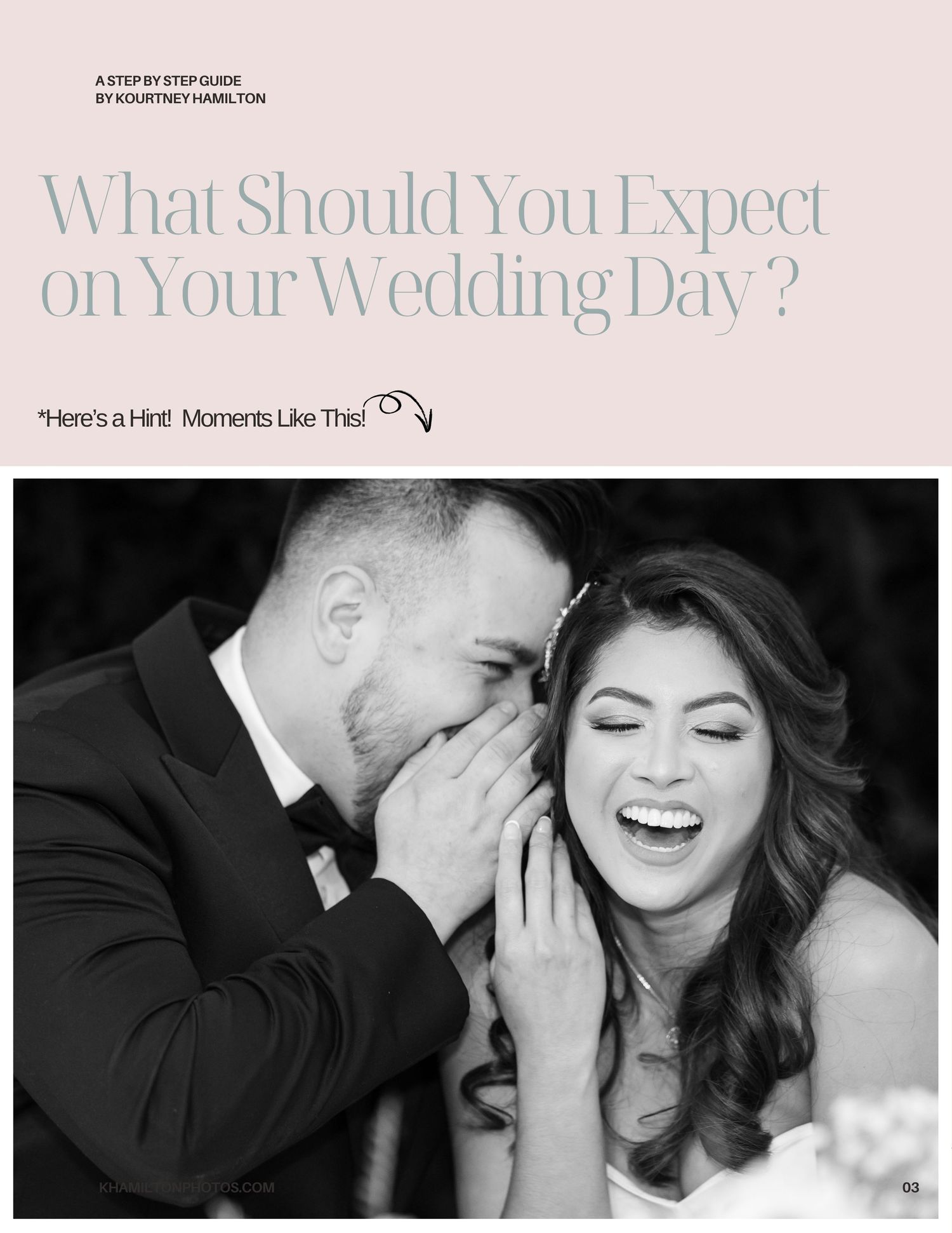 A groom whispers in his laughing bride's ear on their wedding day, captured in elegant black and white photography.