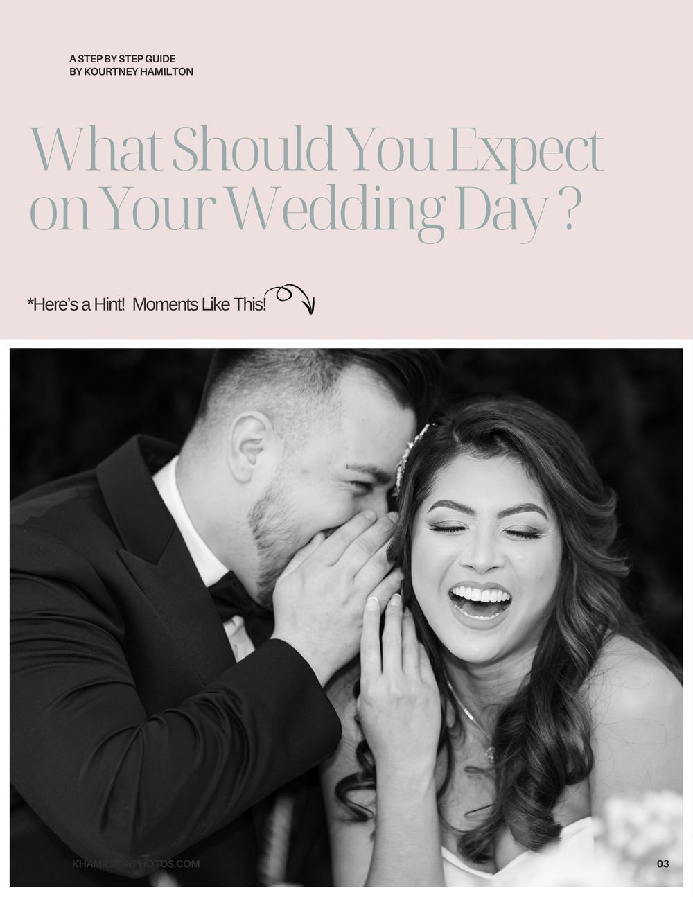 A groom whispers in his laughing bride's ear on their wedding day, captured in elegant black and white photography.
