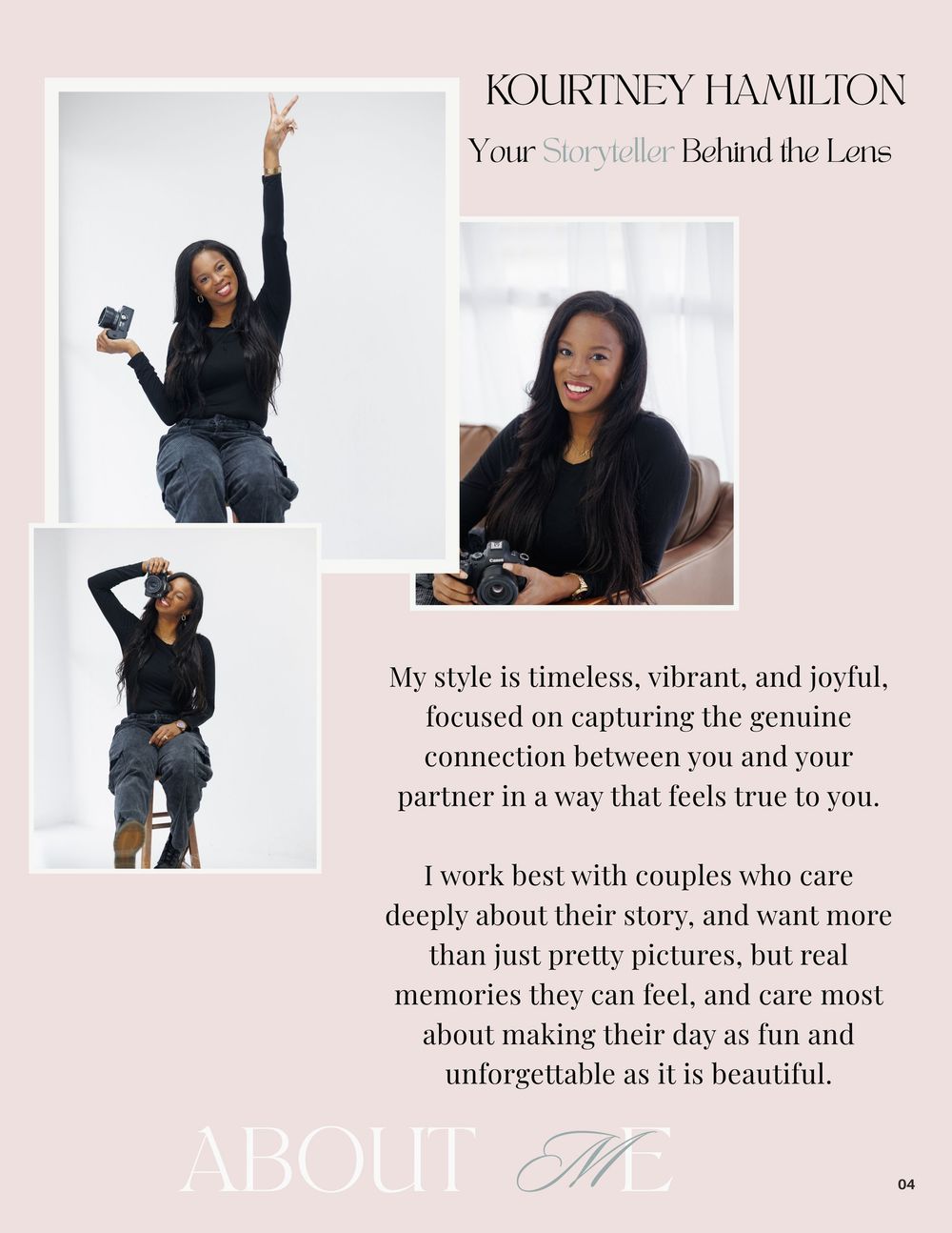Kourtney Hamilton, a joyful photographer, poses with her camera in three vibrant shots on an about me page.