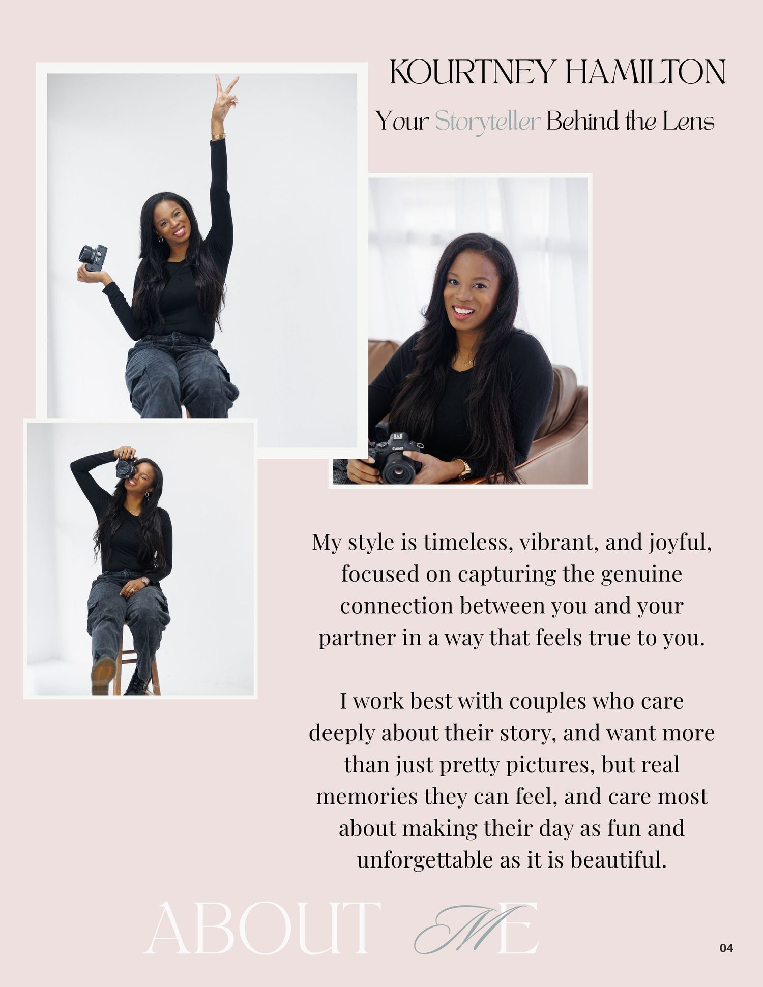 Kourtney Hamilton, a joyful photographer, poses with her camera in three vibrant shots on an about me page.