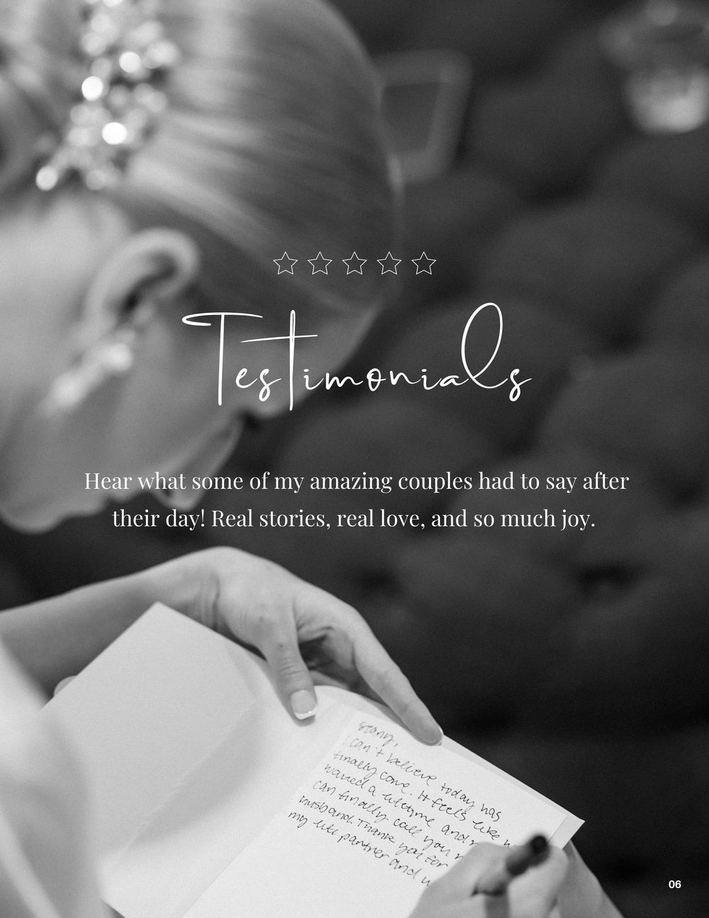 Black and white photo of a bride reading wedding vows with a testimonials overlay for a wedding officiant service.