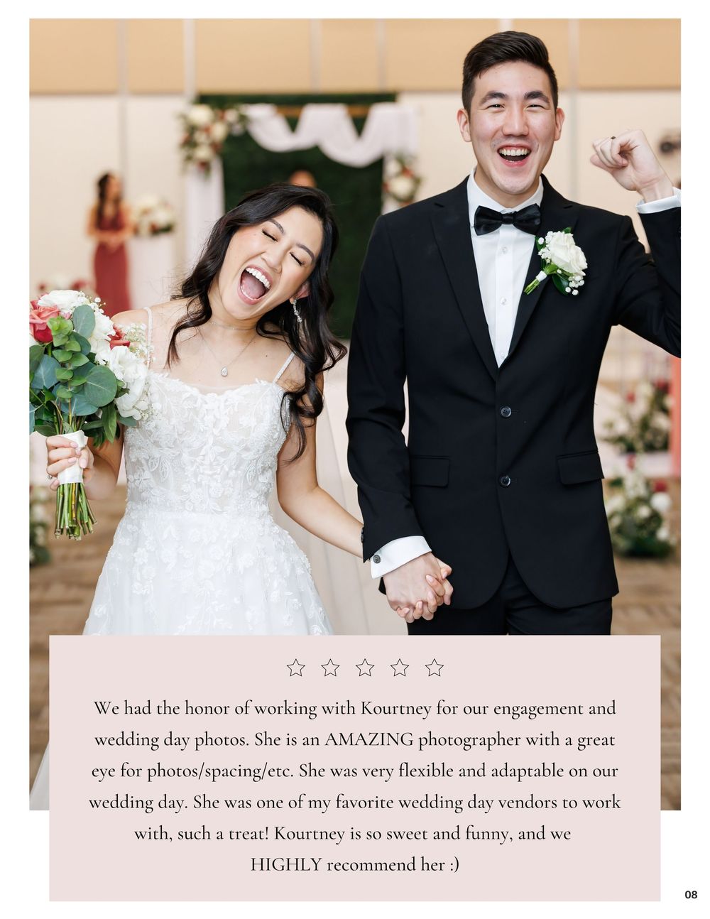 Happy newlyweds laughing and celebrating at their wedding reception, bride in white gown holding bouquet, groom in black tuxedo.