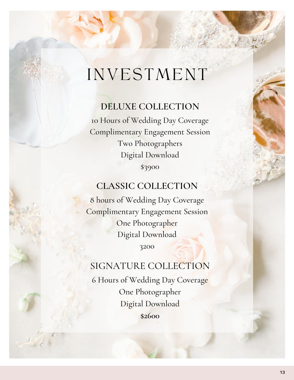 Wedding photography pricing guide showing Deluxe, Classic, and Signature collections ranging from $2600 to $3900 with floral accents.