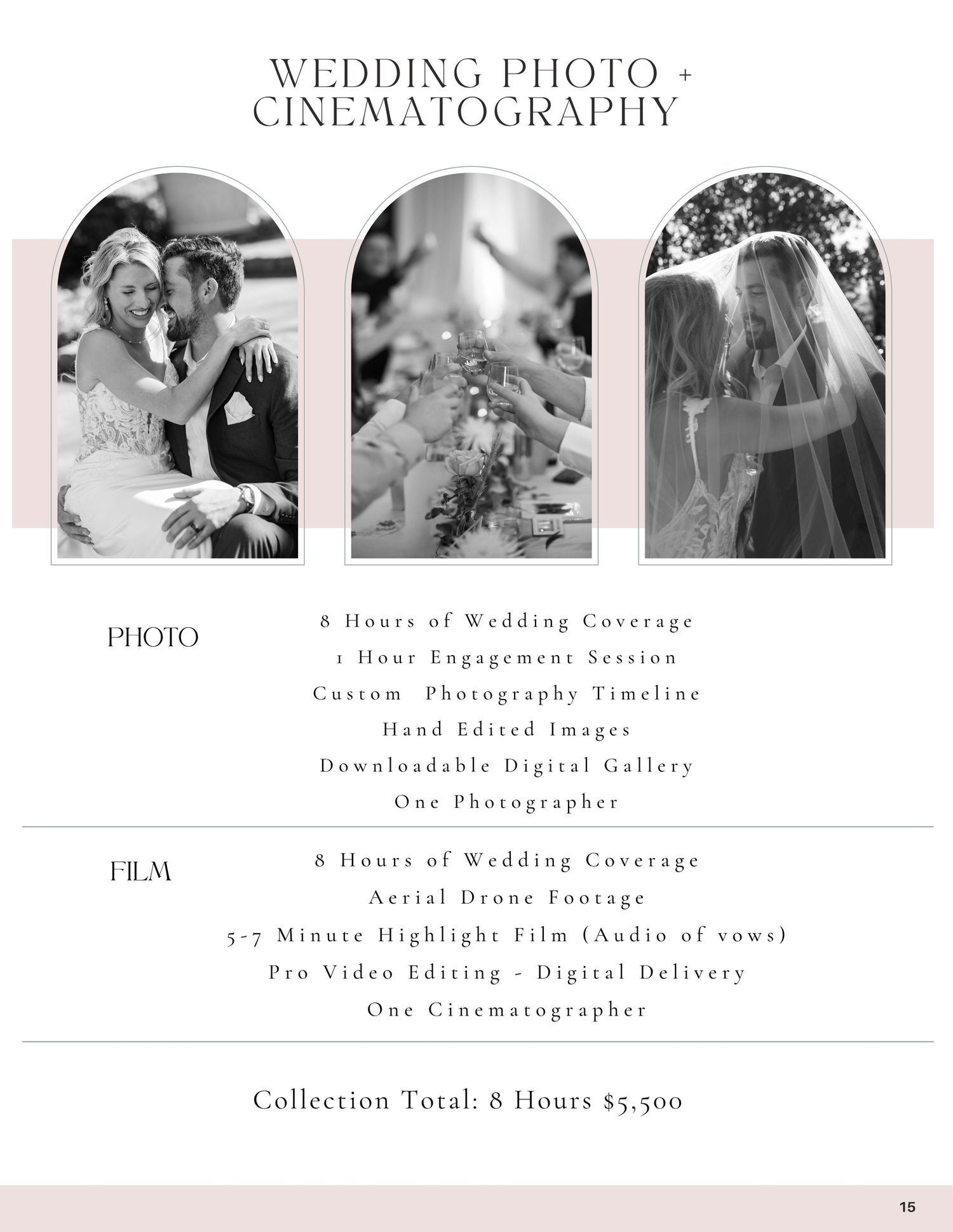 Black and white wedding photography and cinematography package brochure featuring romantic couple portraits and ceremony moments.