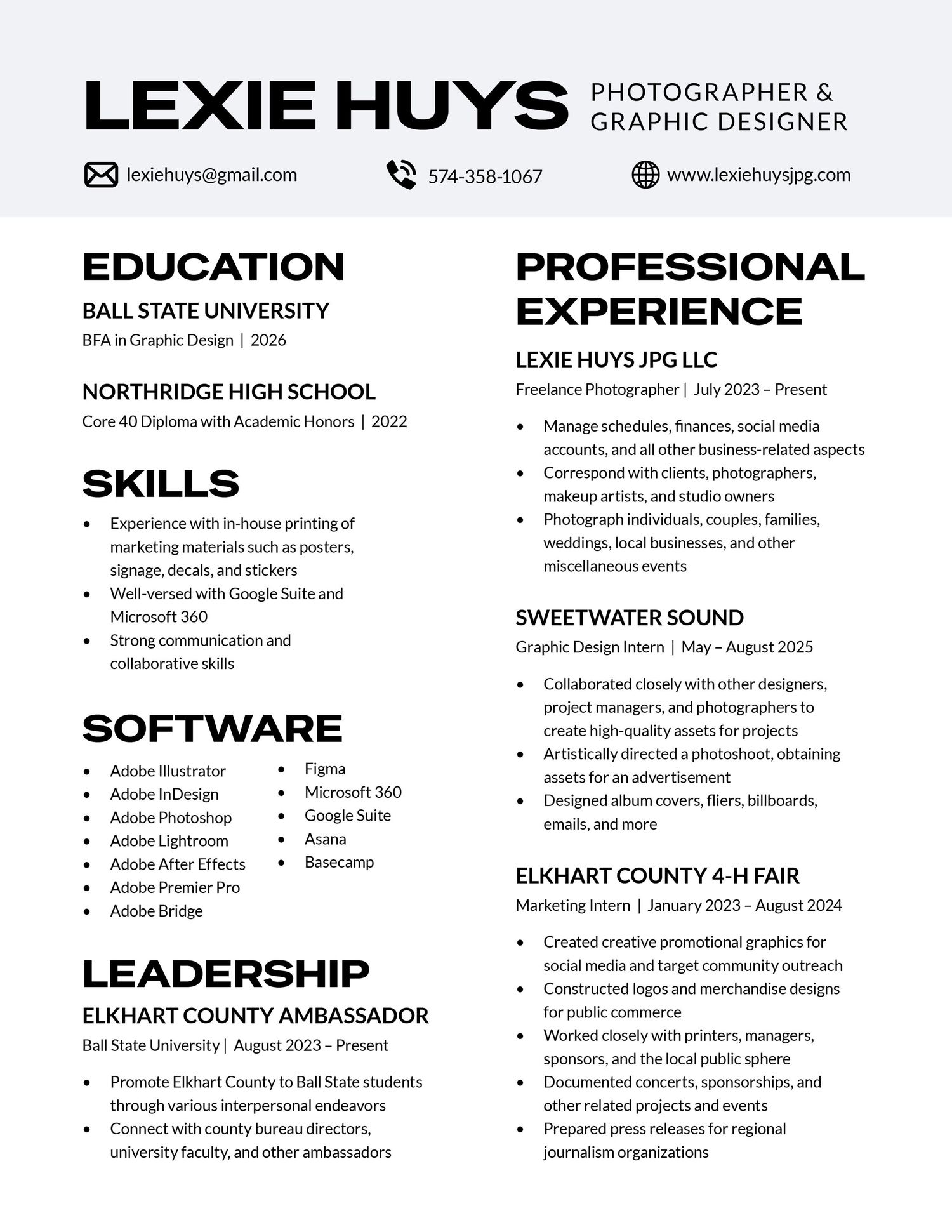 Resume of Lexie Huys, photographer and graphic designer, featuring education, skills, software, leadership, and professional experience.