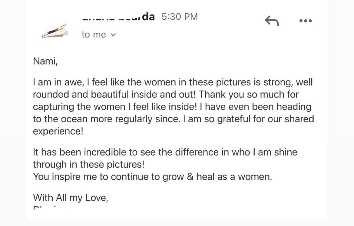 Screenshot of a glowing email testimonial from a client praising Nami's empowering photography experience in New Zealand..