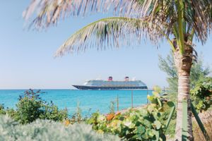 Disney cruise ship anchored in turquoise Caribbean waters viewed through tropical palm trees and lush greenery.