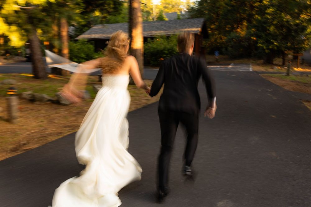 Motion-blur photo of bride and groom running hand-in-hand down a tree-lined driveway at sunset.
