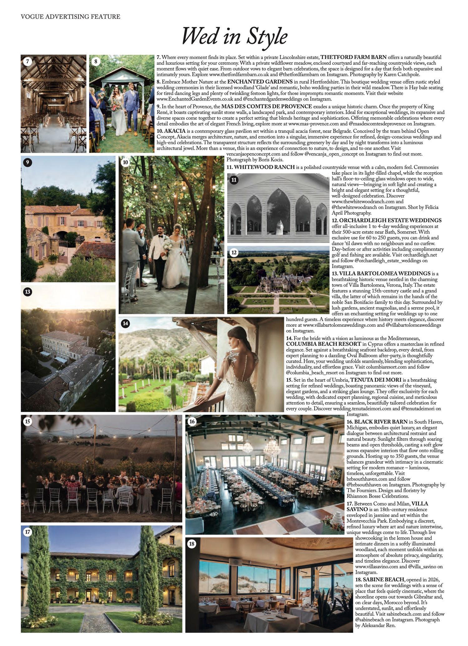Elegant outdoor wedding venues featured in Vogue, showcasing garden ceremonies, rustic barns, and luxury resort settings.