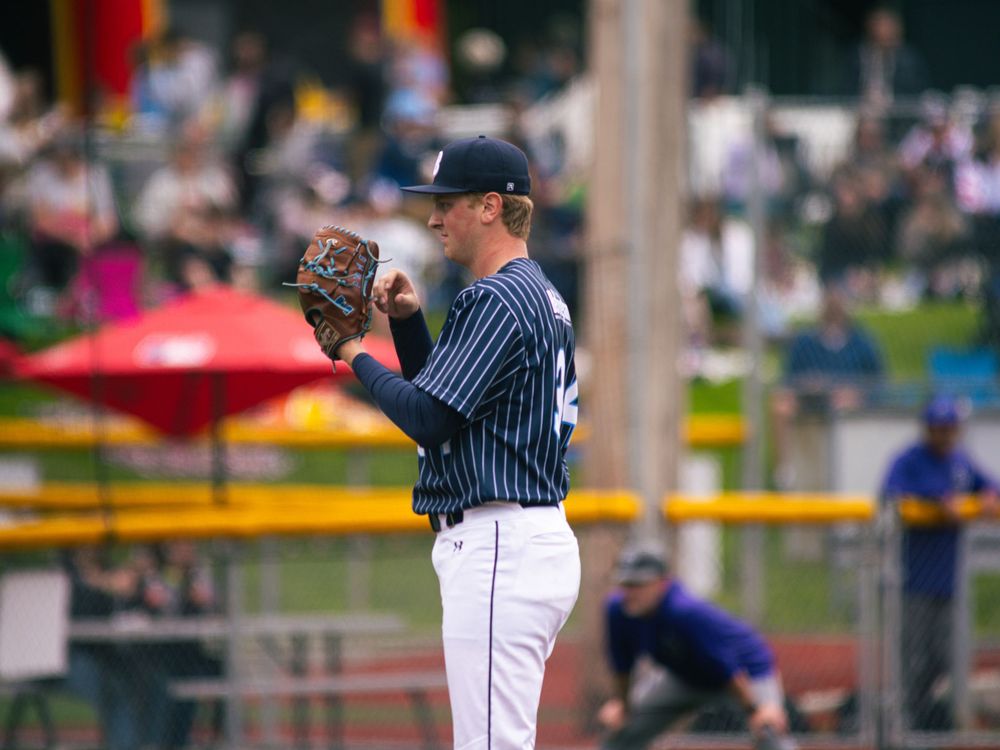 Baseball players in navy pinstriped uniforms stand ready on baseball field.