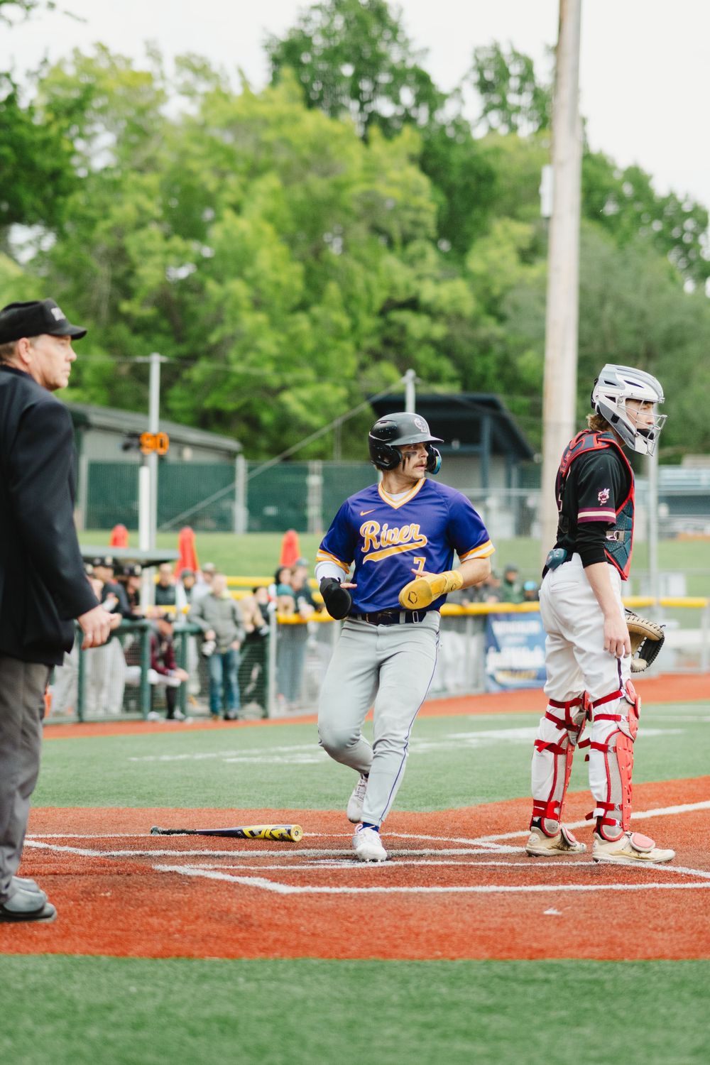 Baseball action at home plate with umpire, runner, and catcher during game.