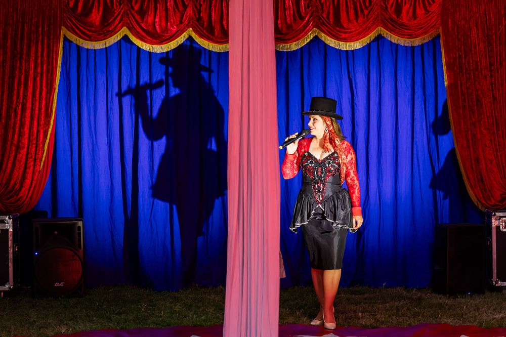 Singer performs on stage with dramatic shadow cast on blue curtain backdrop.