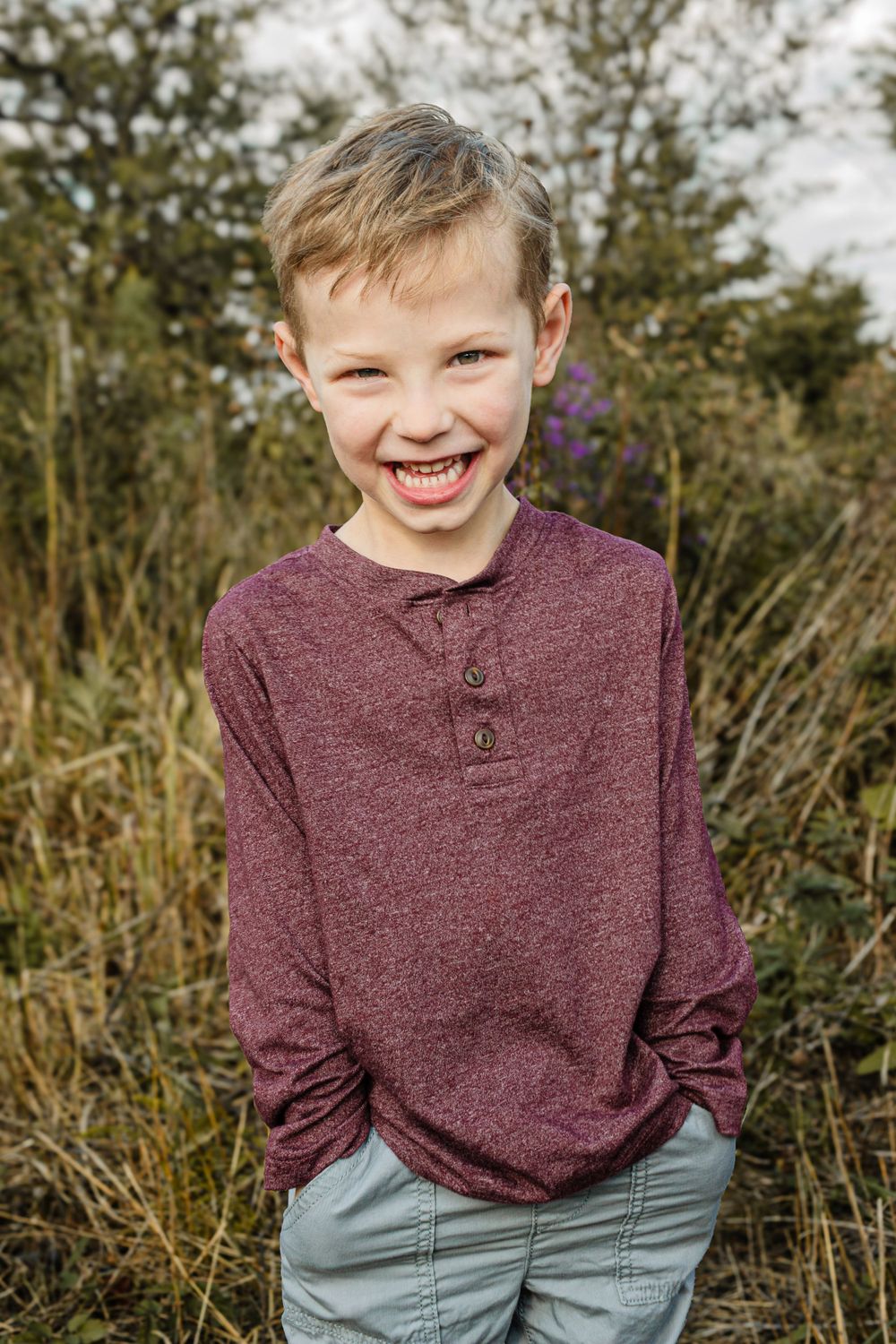 A series of casual portrait shots outdoors against a natural backdrop of bushes and grass.