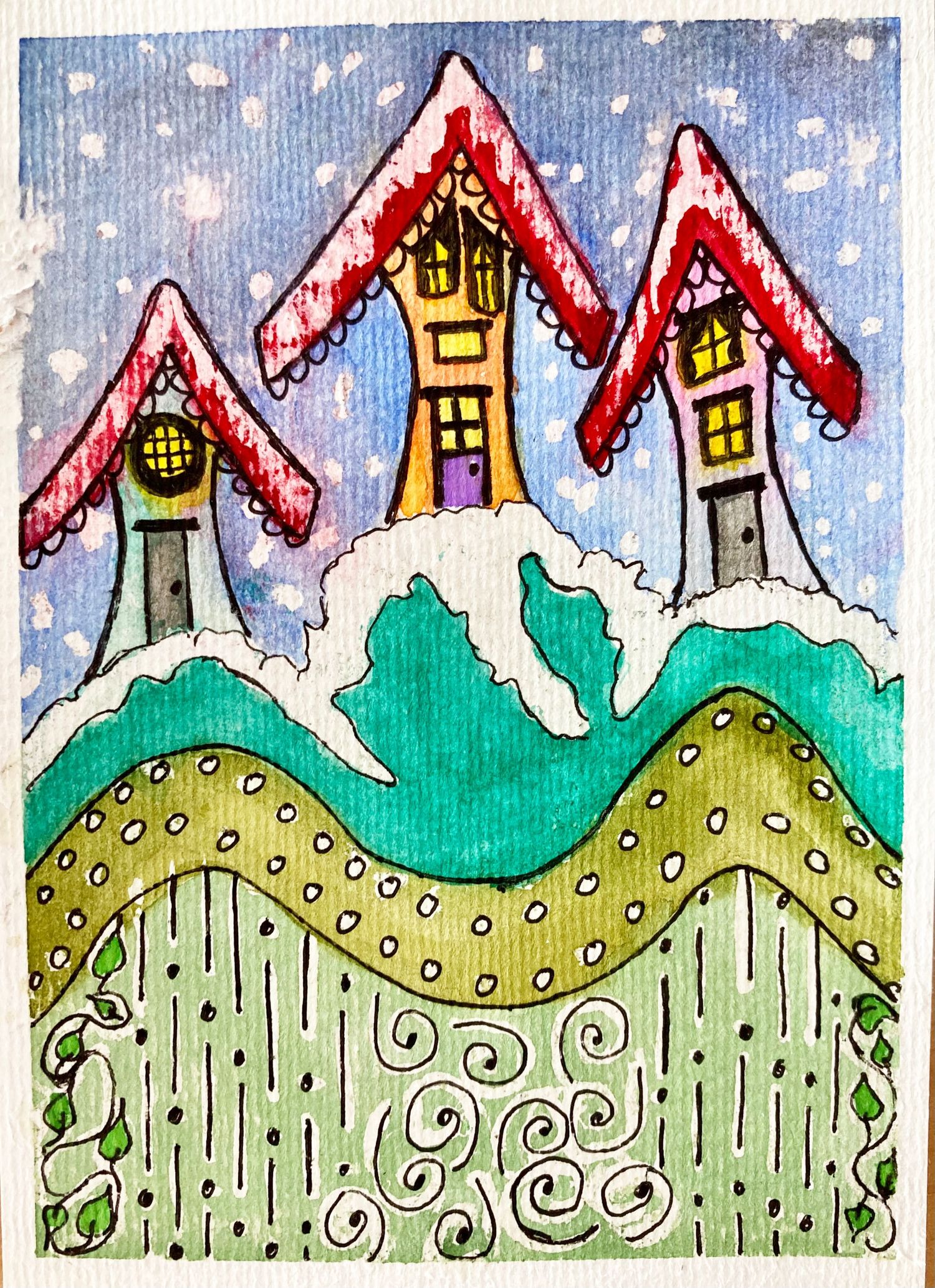 Snowy village scene with red-roofed houses perched on rolling green hills in watercolor style.