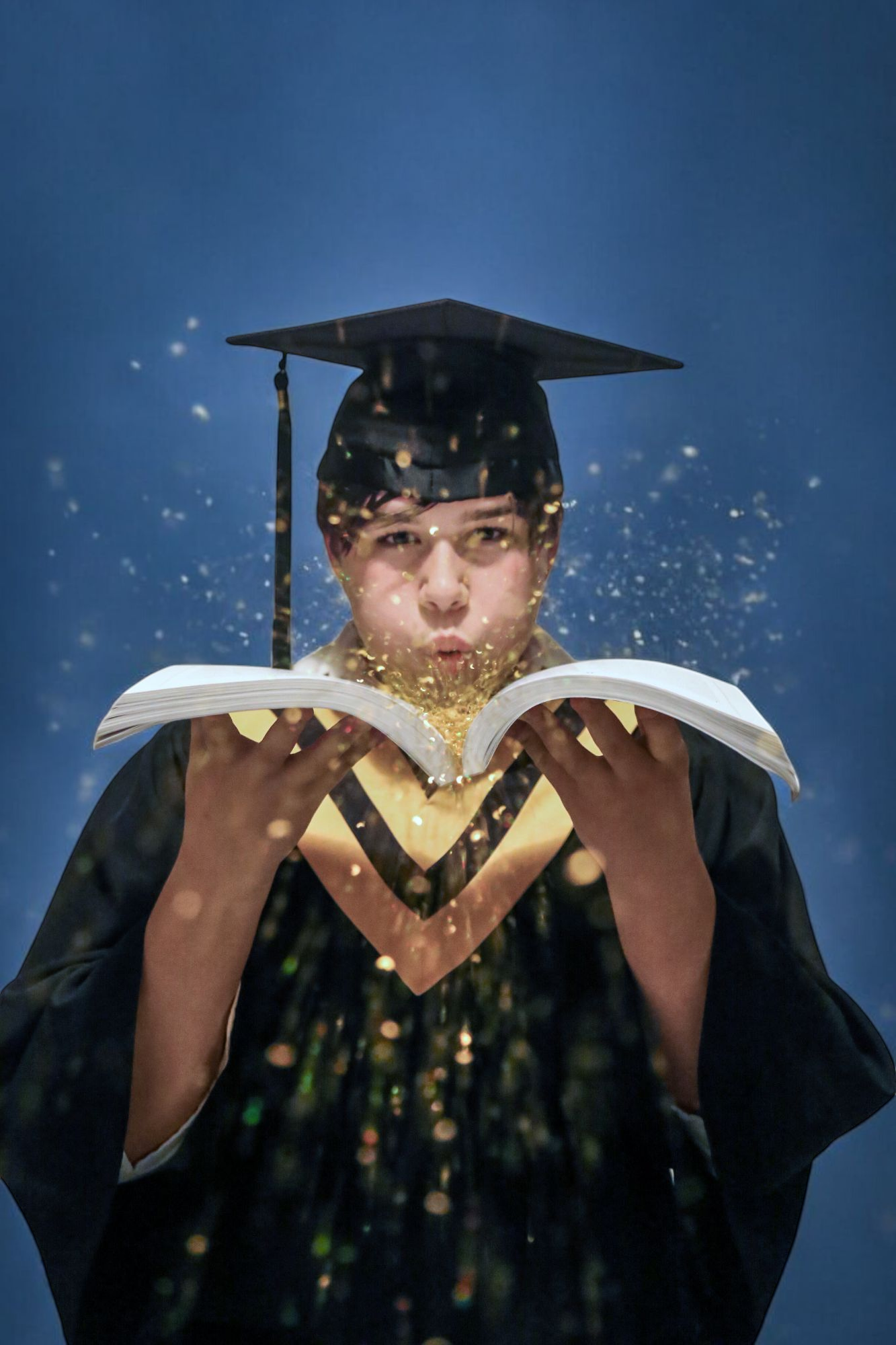 Graduate in cap and gown blowing glitter from a book creating magical sparkles against blue background.