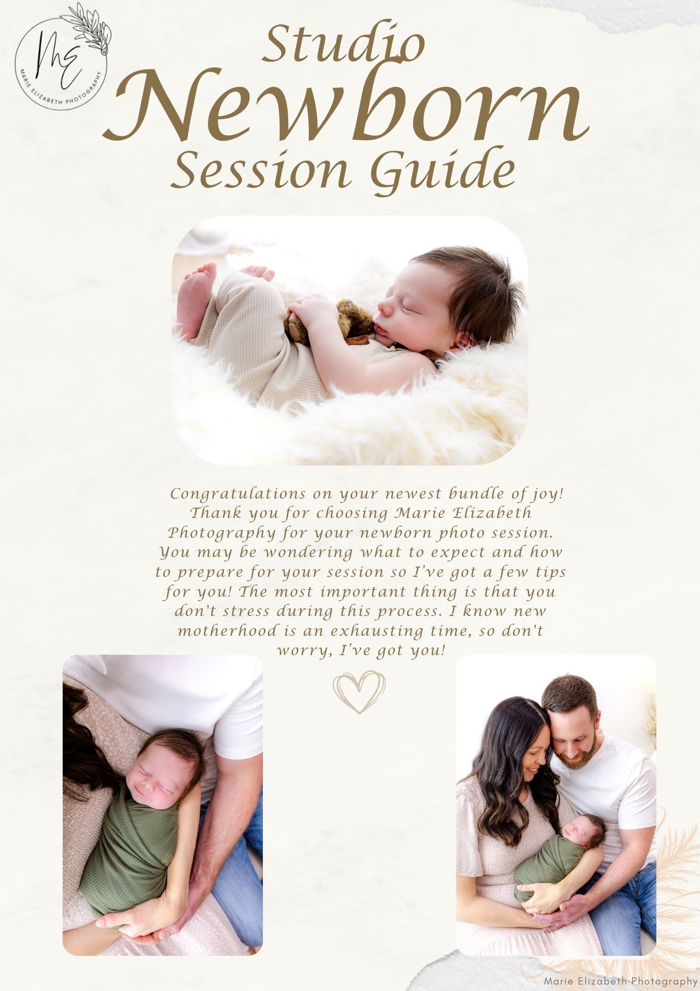 A collection of soft, neutral-toned newborn photography session guide pages showing tender family moments.