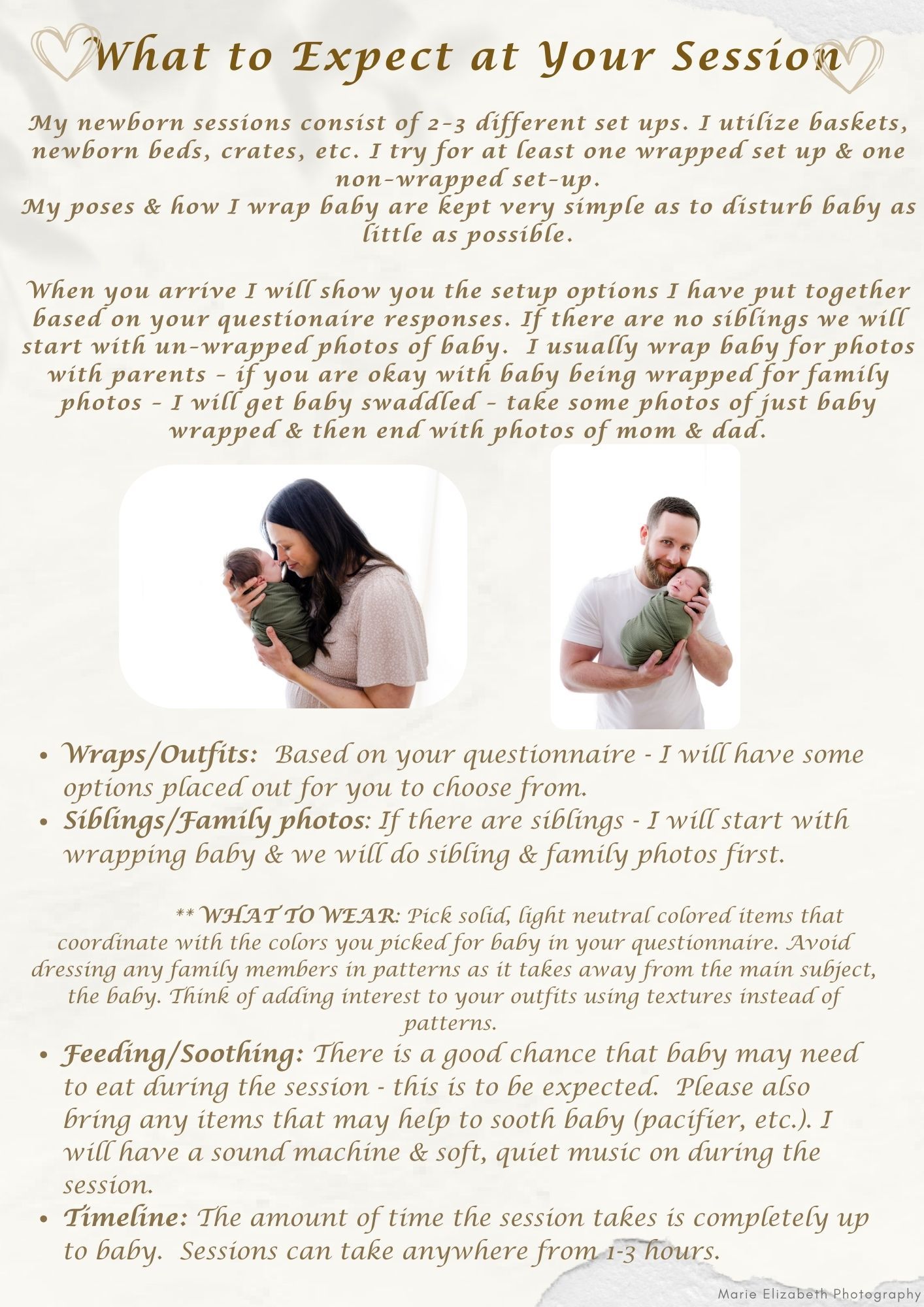 A beige and brown document layout showing 'What to Expect at Your Session' with text sections and bullet points.