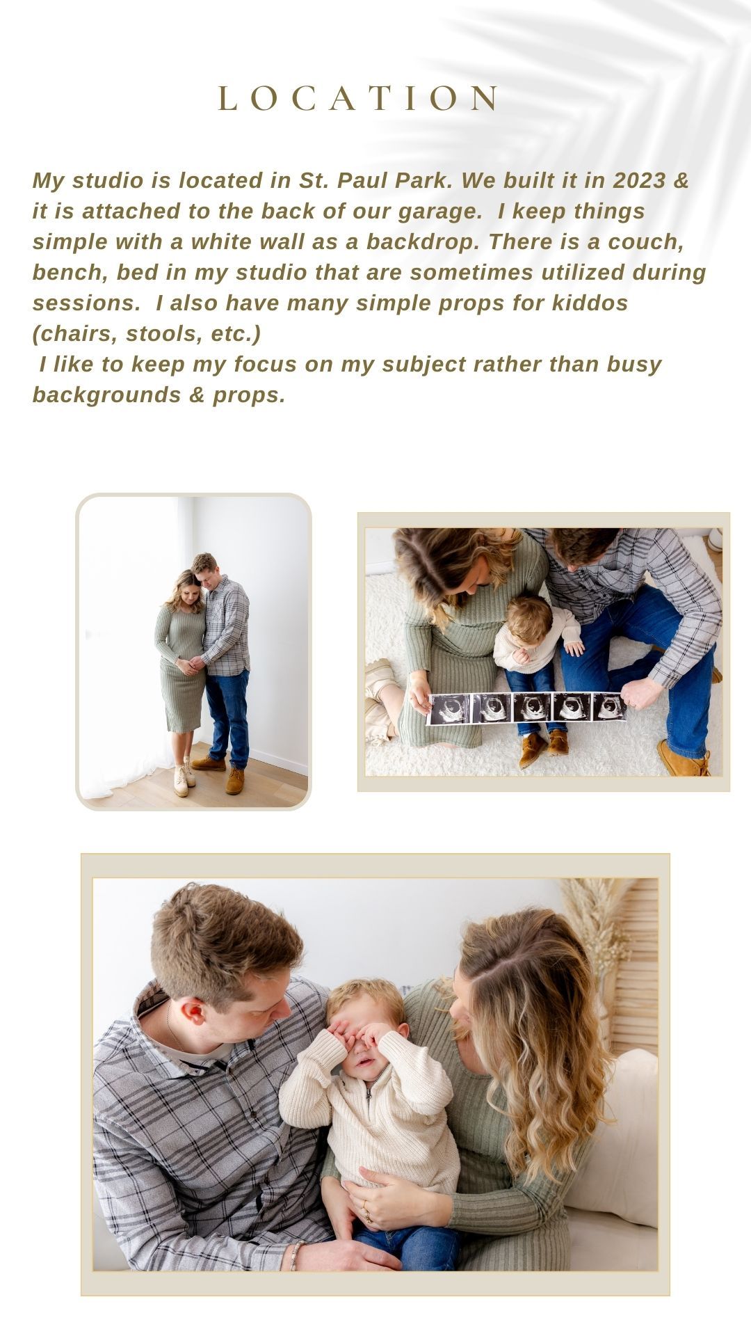 Lifestyle photography studio space with white walls, natural light, and minimal furniture for intimate portrait sessions.