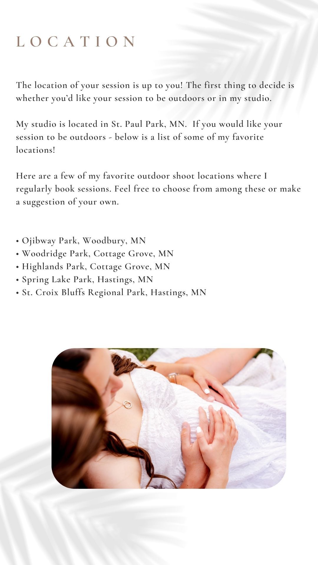 A photography website layout showing location details and outdoor shoot options in Minnesota with soft, muted images.