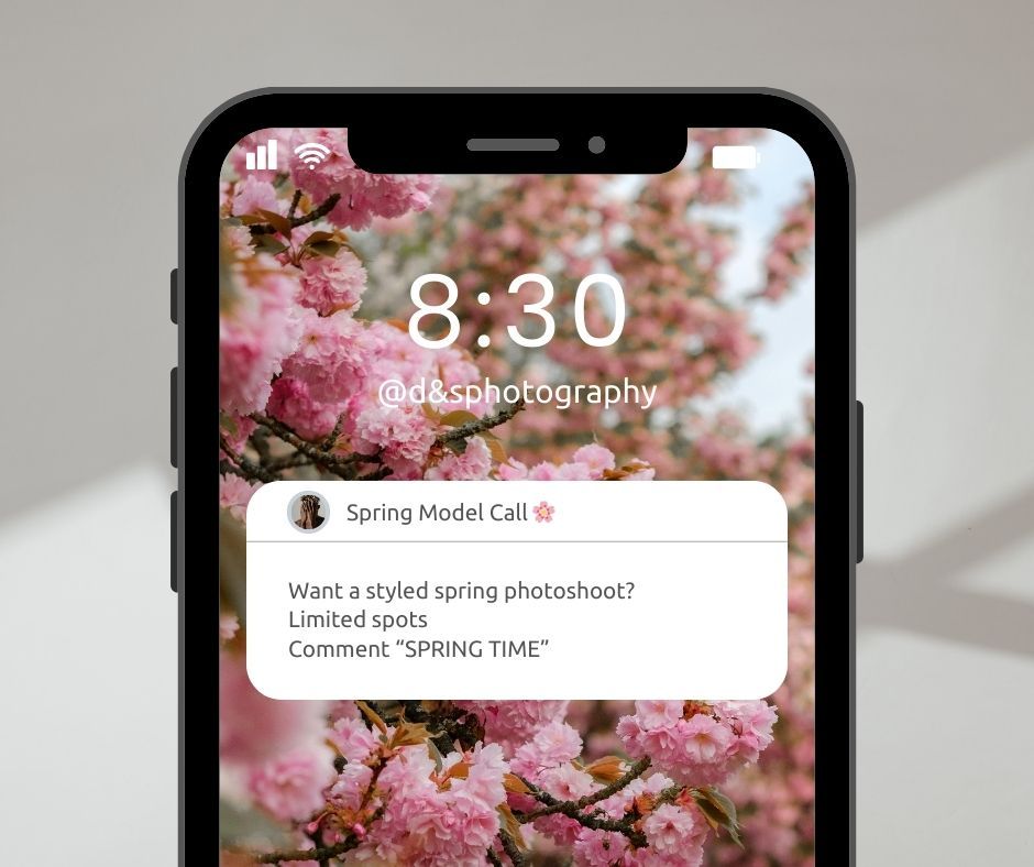 A series of smartphone screens showing pink cherry blossoms and social media interface elements against a white background.