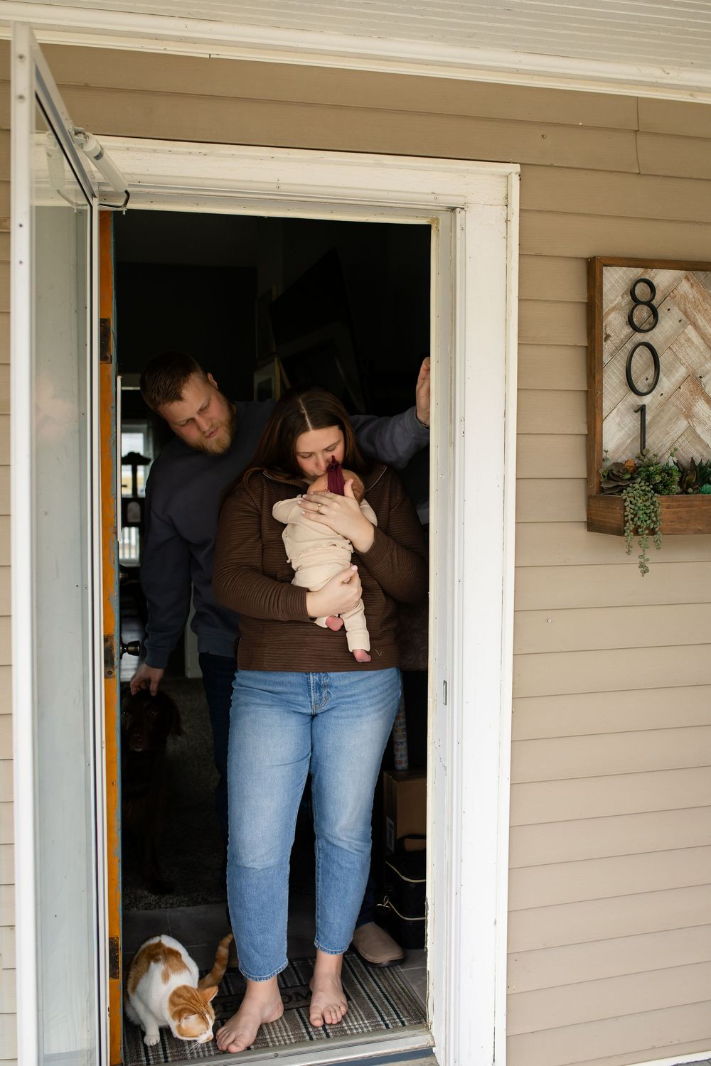 A sequence of doorway photos showing someone peeking out from behind a door in different positions.
