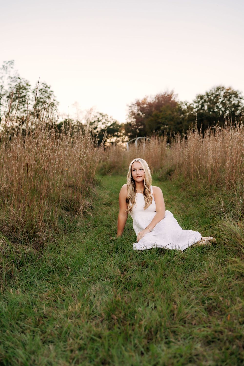 A dreamy outdoor portrait session in a field of tall grass during golden hour.