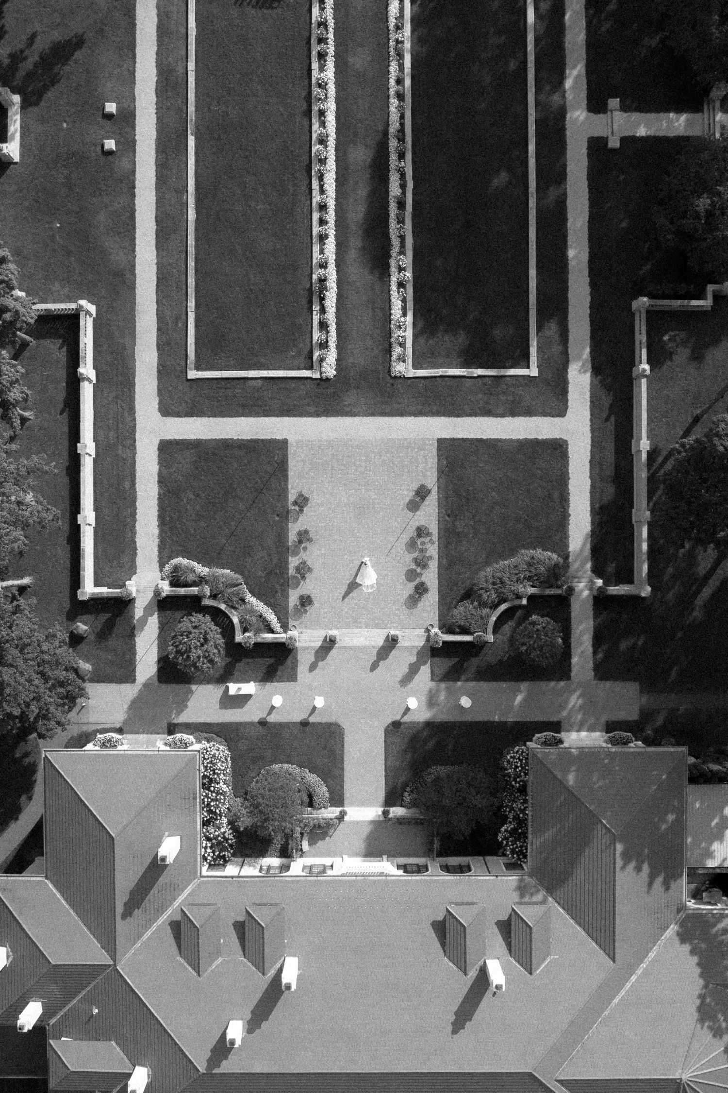 Aerial black and white view of a parking lot with diagonal spaces and trees casting shadows.