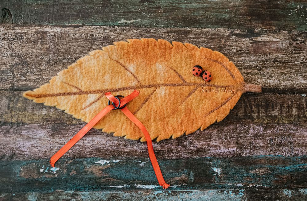 Six sequential images showing a fallen orange leaf being transformed into a whimsical insect-like creature with red legs.