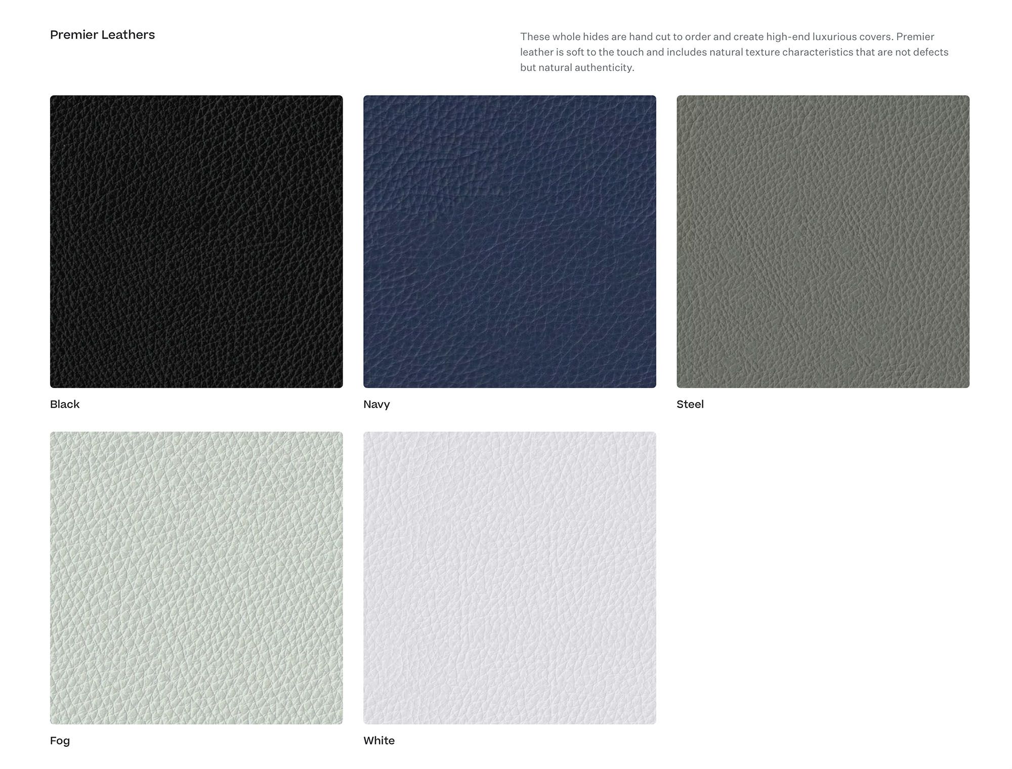 Fabric swatch samples in various shades of navy blue, gray, and white arranged in a grid pattern.