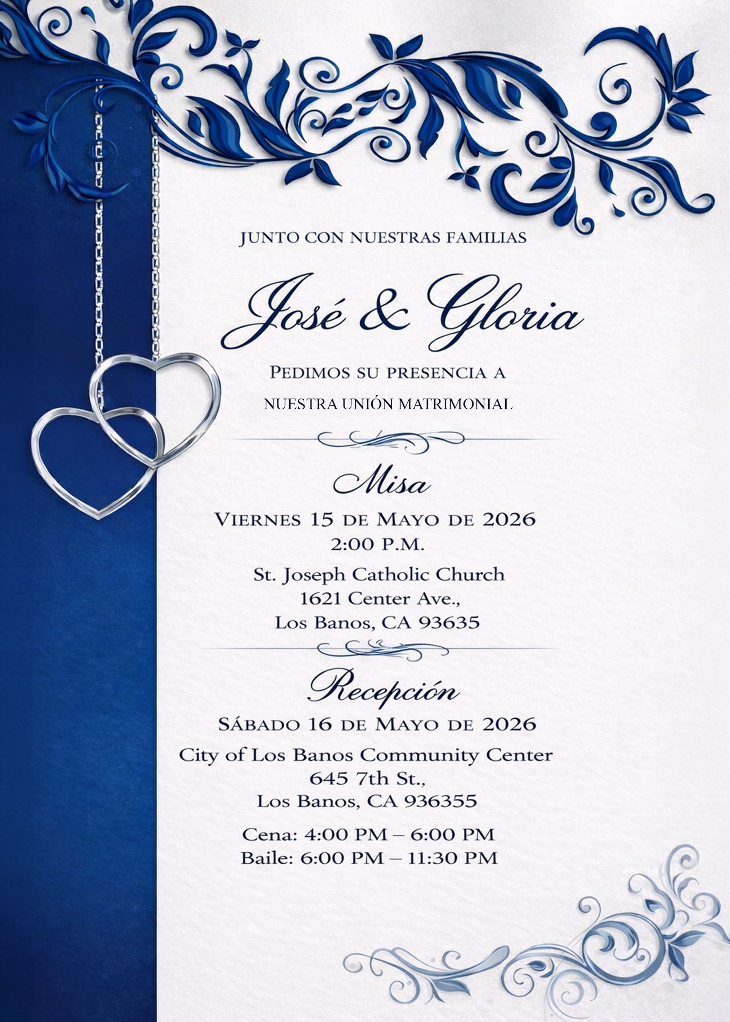 Wedding invitation design with gold rings, blush roses and elegant blue accents showing event details and venue information.