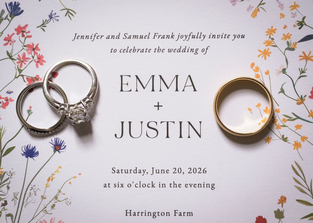 Wedding invitation for Emma and Justin at Harrington Farm on June 20 2026 with rings.
